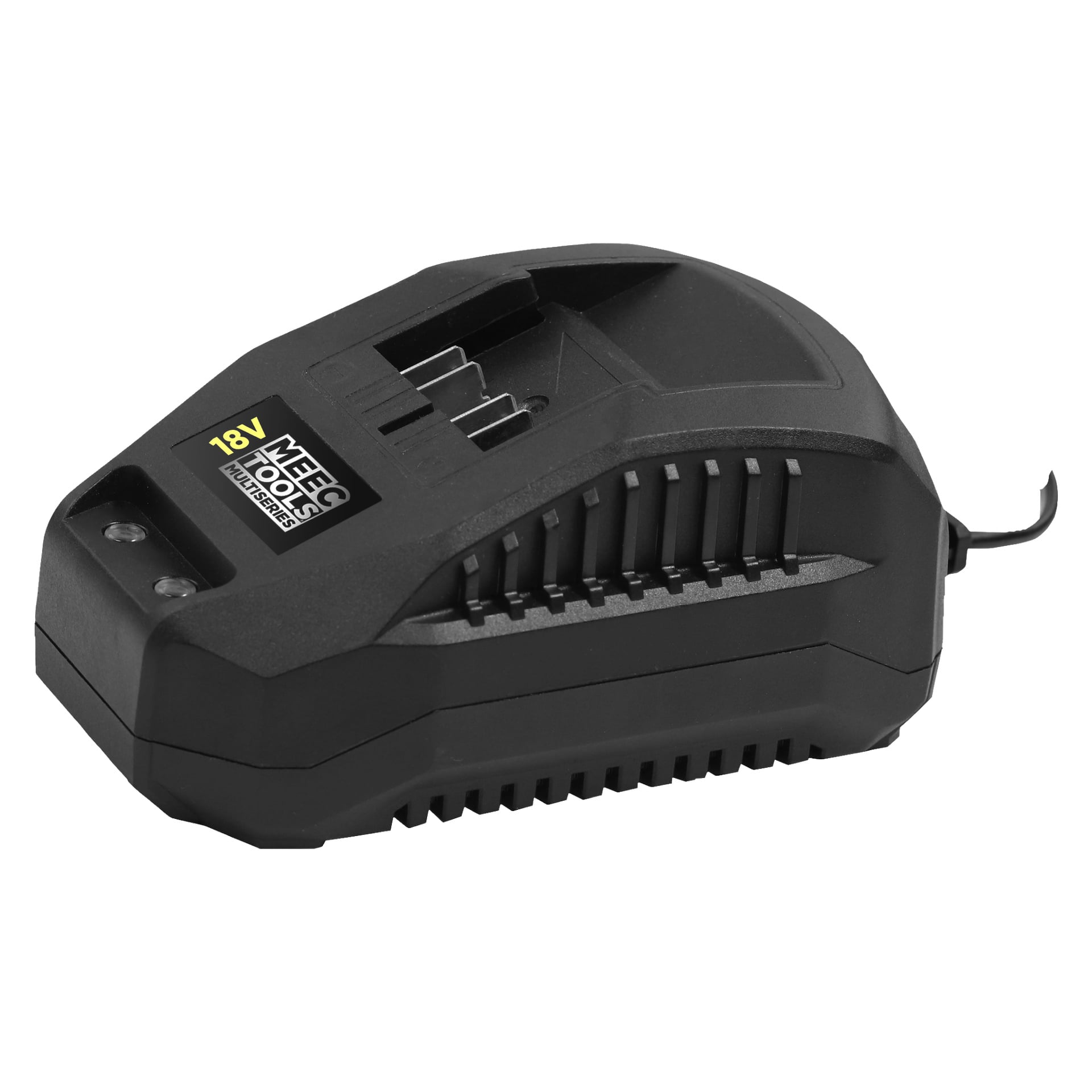 En svart Meec Tools Multiseries batteriladdare designad för IW-18V EASY 100 slagnyckel, med kylventiler, en strömkabel och två metallladdar. Laddaren har en etikett på sin vinklade ovansida.