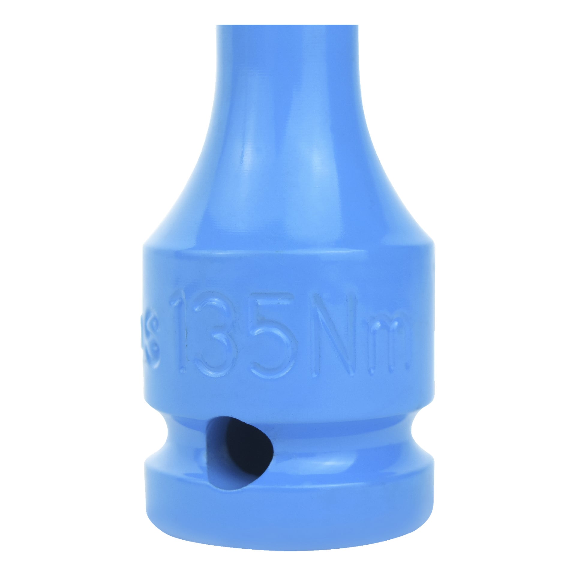 Närbild på en blå Meec Tools Torque bar med "135 Nm" präglat för att visa dess vridmomentspecifikation. Ett hål uppstår nära verktygets nedre egg.