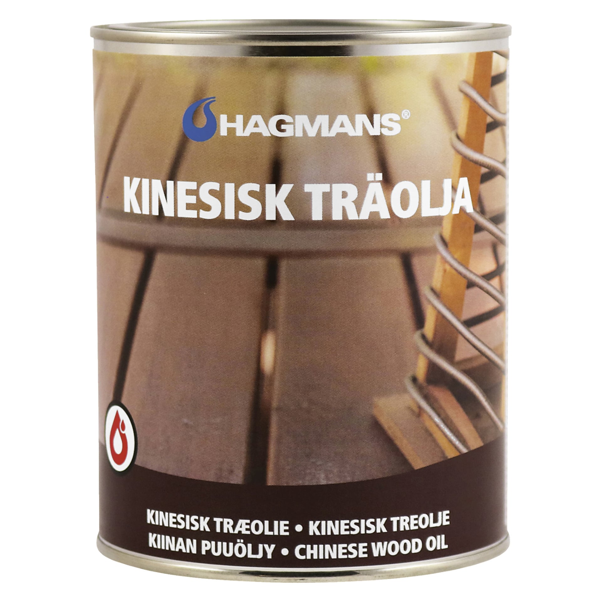 Metallinen maalipurkki, jossa on Hagmans China -puuöljy, jossa on kuva puisesta terassista.