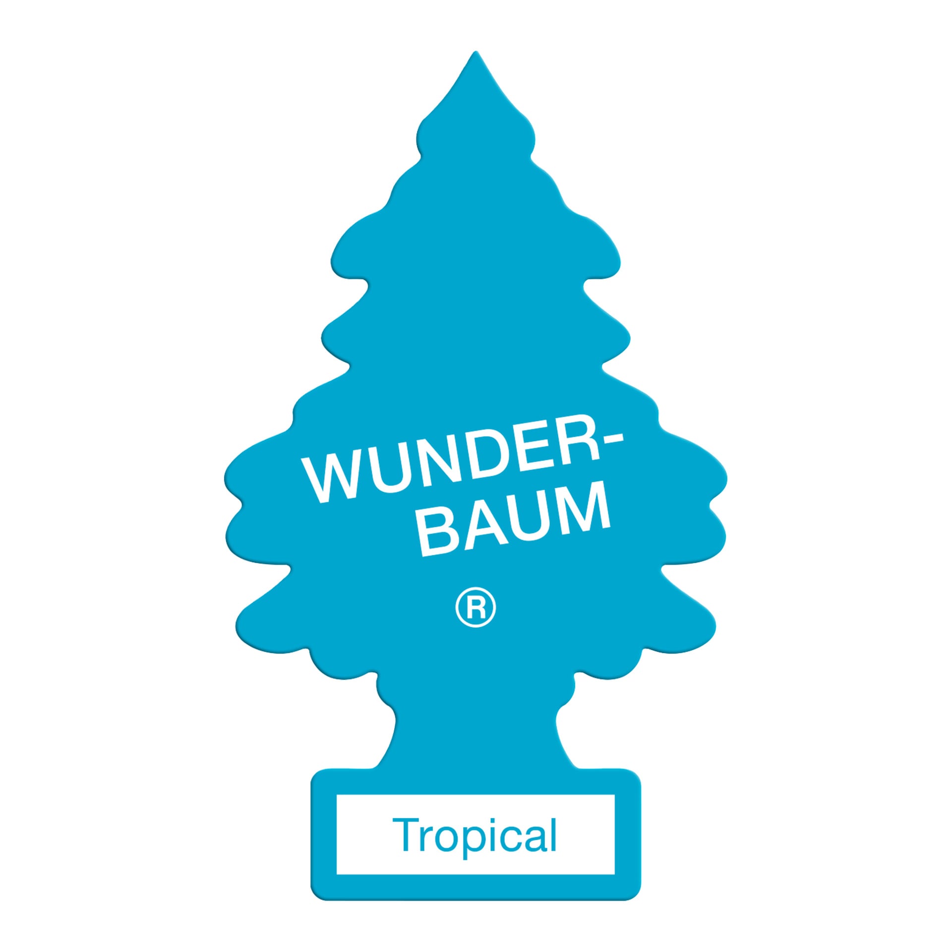 En blå, trädformad billuftfräschare från Wunder Baum med varumärket i vitt och "Tropical" skrivet i en liten vit låda längst ner.