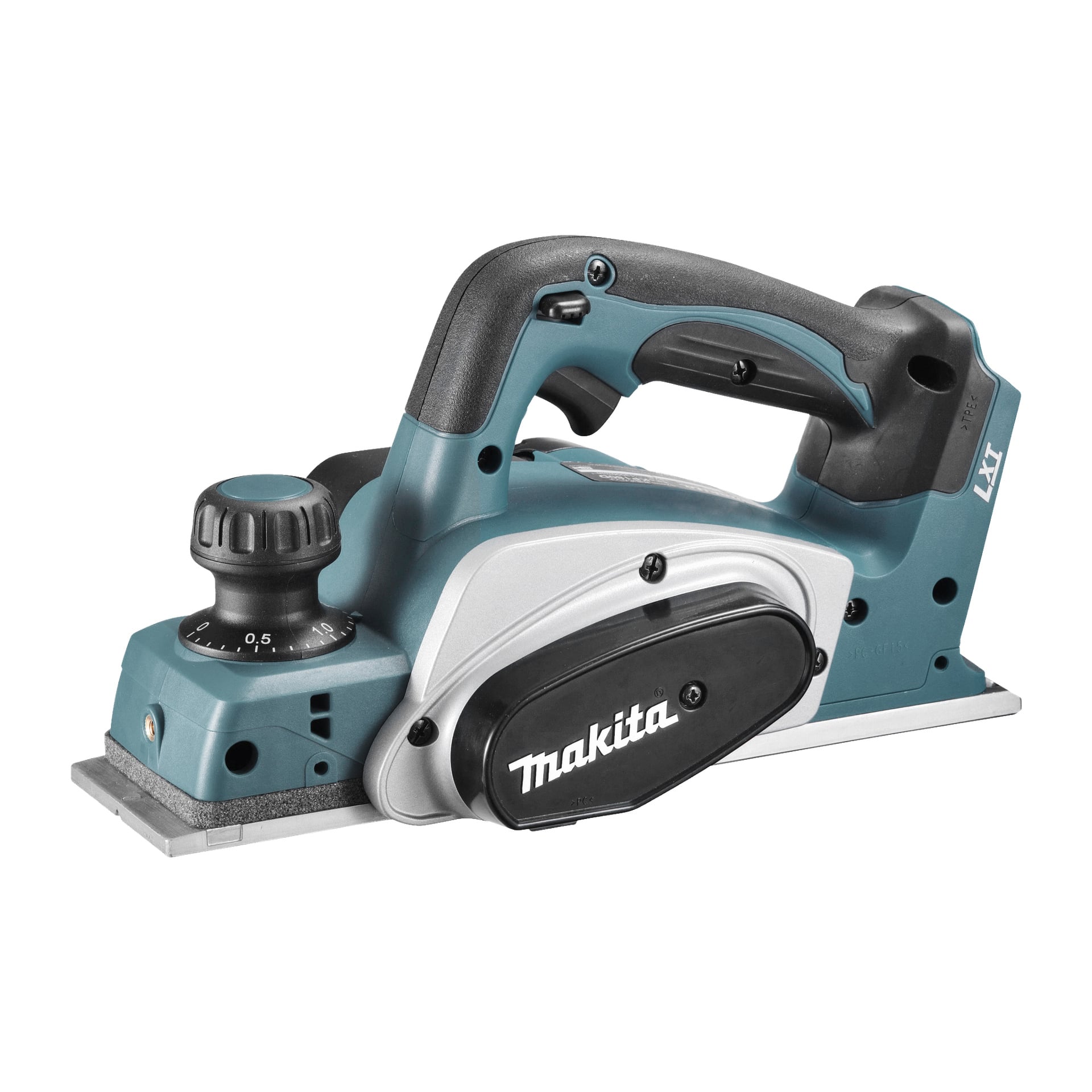 En teal- och svart Makita DKP180Z sladdlös elektrisk hyvel med justerratt och synligt bladyta, använd för att slipa eller forma trä.