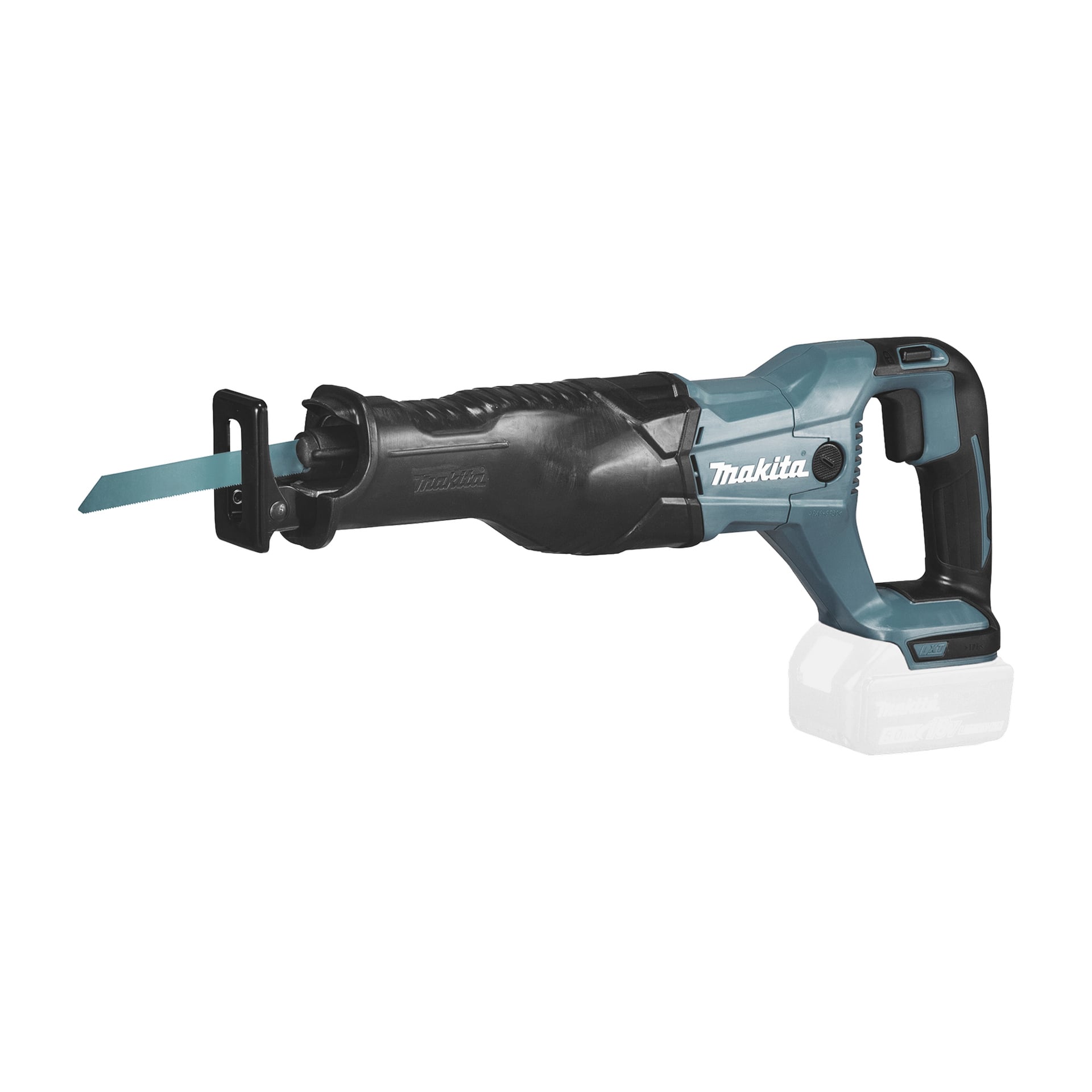 Makita-mäntäsaha DJR186Z, jossa on sininen terä ja musta kahva, on esitetty ilman paristoa.