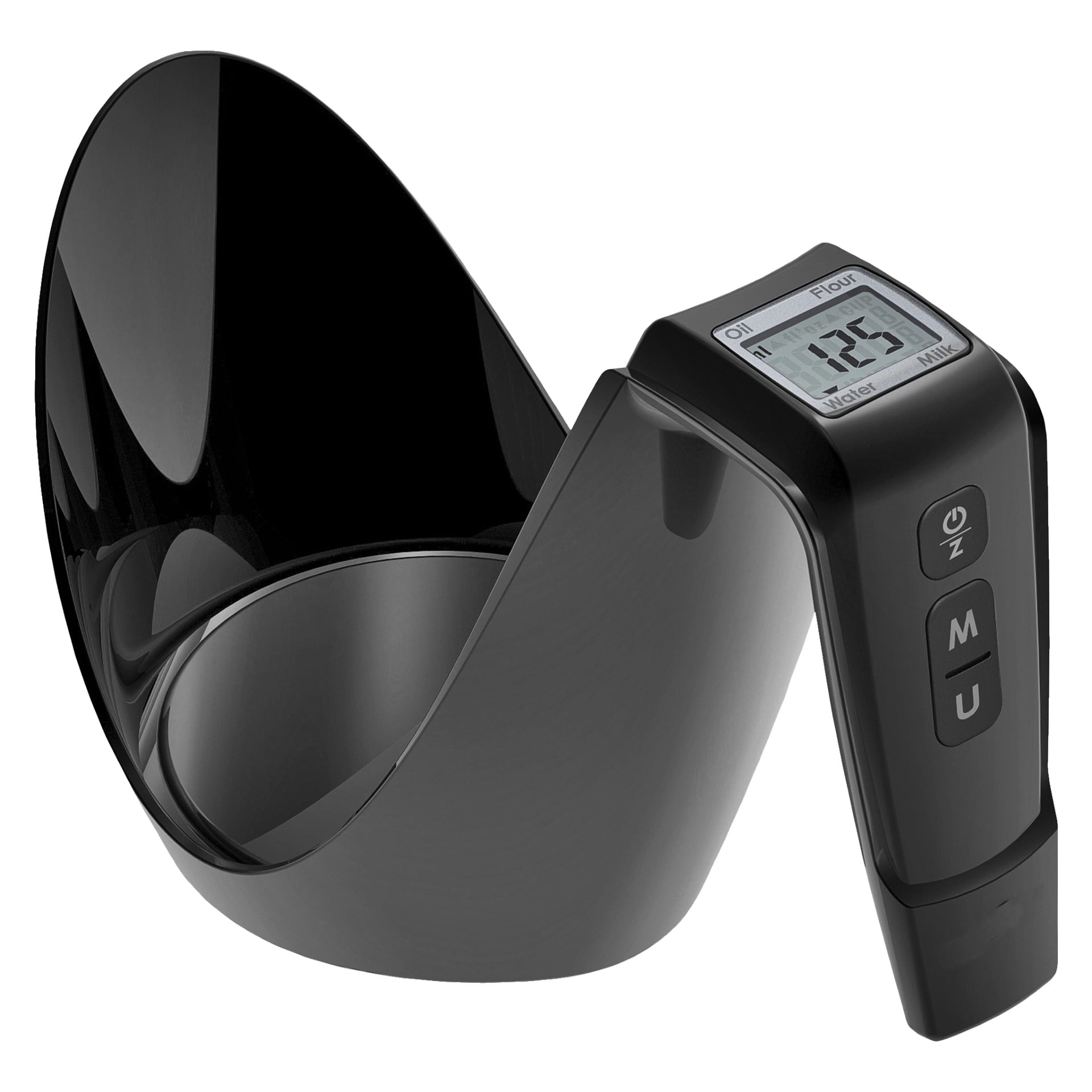 Misek miarkowy Menuett Digital posiada ekran LCD z numerami oraz trzy przyciski oznaczone jako O/I, M i U. Ma elegancką czarną rączkę.