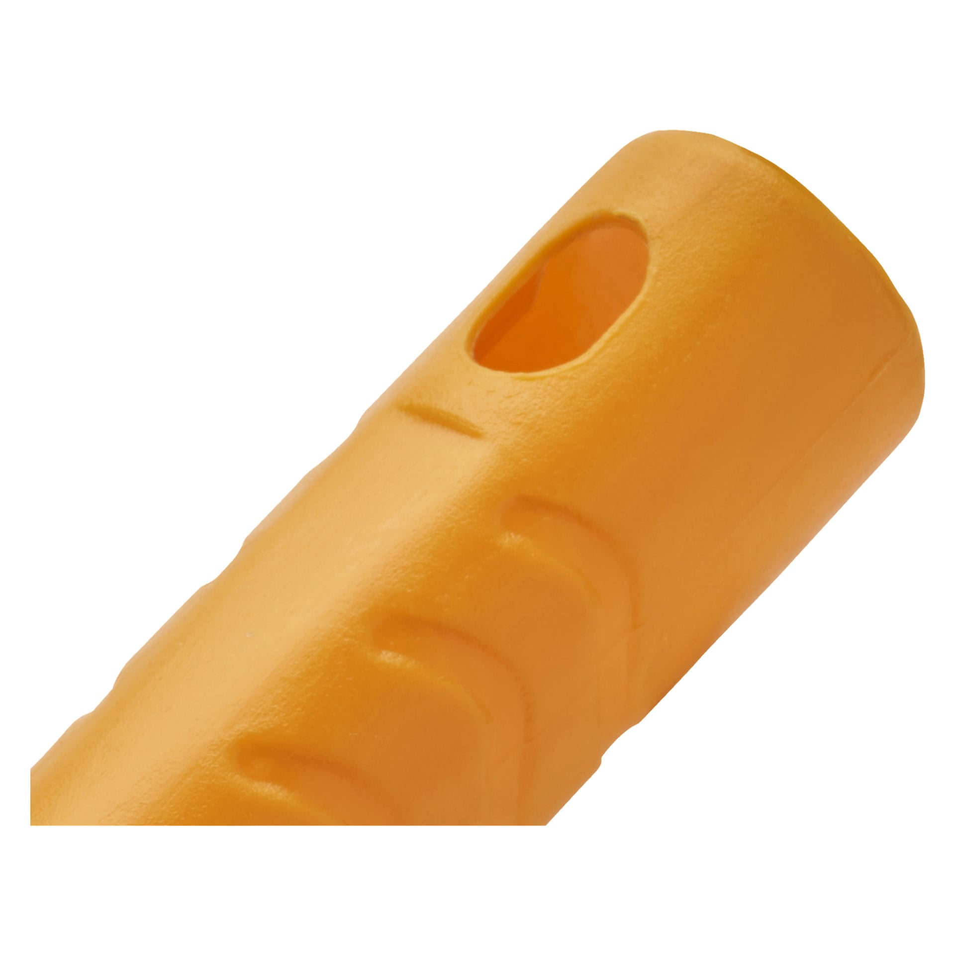 Närbild på ett orange plastverktyg från Hard Head Brush-setet i 5 delar, med räfflade grepp och ett ovalt hål nära änden; slätt och cylindriskt.