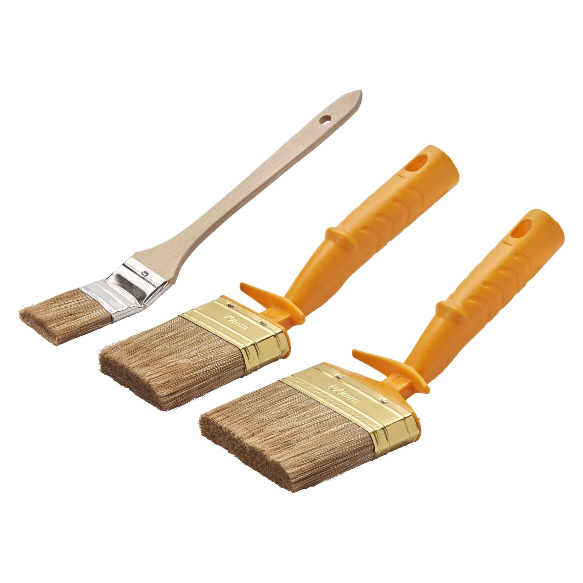 Brush set 5 från Hard Head inkluderar borstar med platta borst och metallhöljer: en med trähandtag och två med orange plasthandtag och vinklade hänghål.
