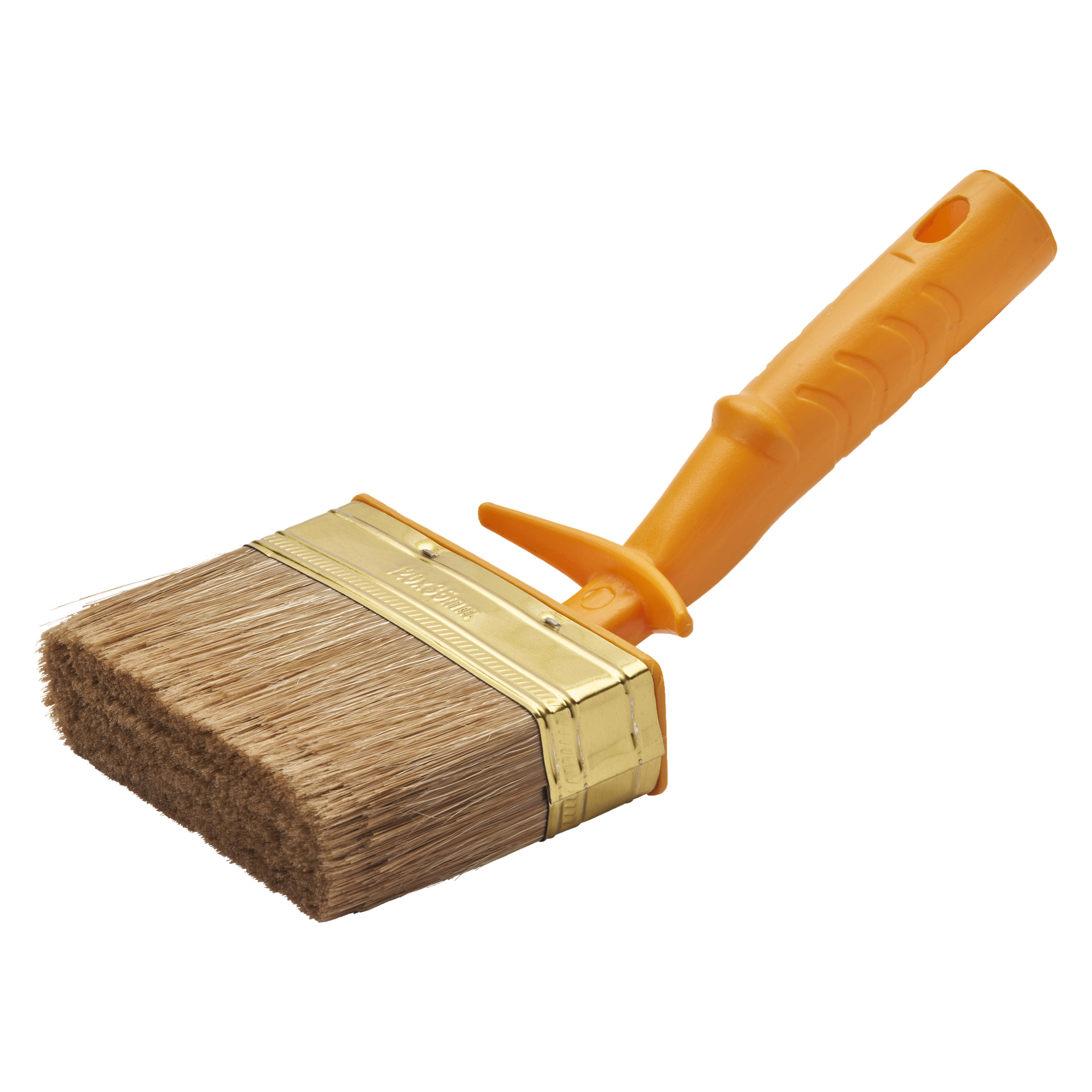 Der Pinsel ist mit Hard Head Angled beschriftet, mit einem breiten, schrägen Borstenabschnitt, einer goldenen Metallhülse und einem orangefarbenen Kunststoffgriff.