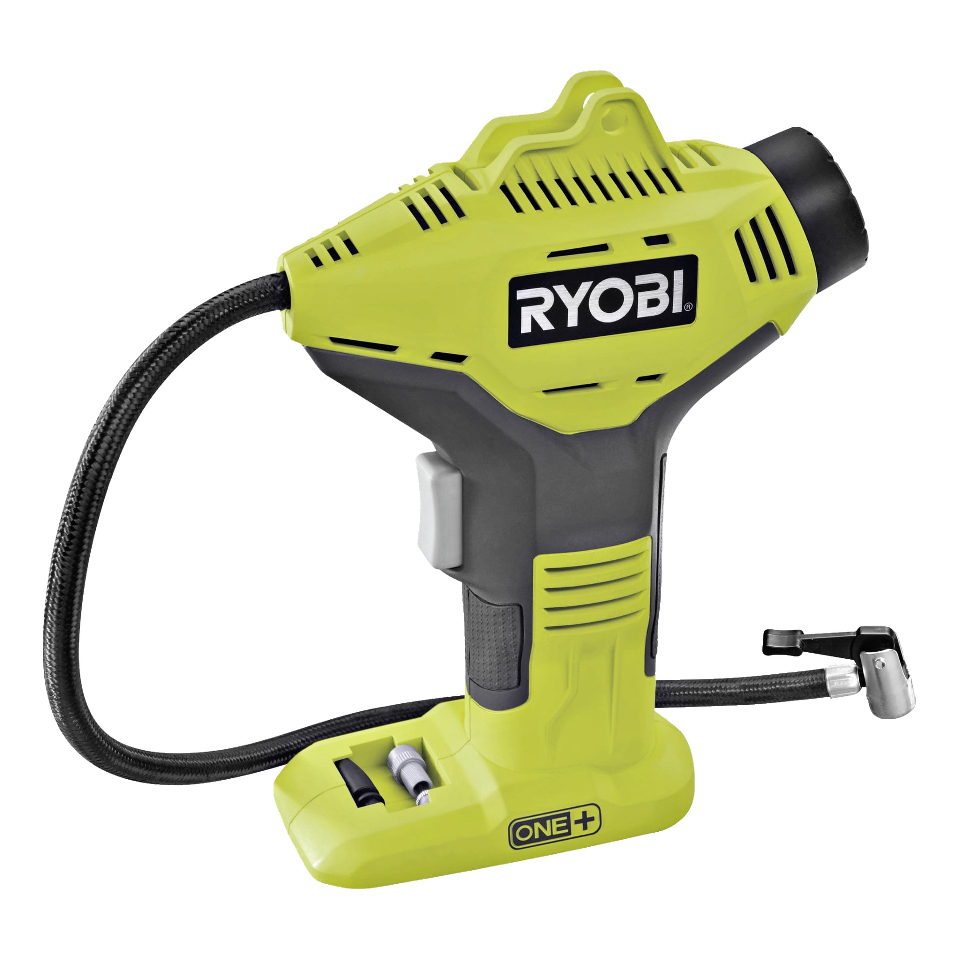 Ryobi One+ Mini -kompressori R18PI-0, johdoton käsikäyttöinen ilmatäytin kirkkaan vihreänä ja mustana, on esitetty joustavalla letkulla, digitaalisella näytöllä ja useilla suutinliittimillä—täydellinen renkaiden tai urheilupallojen täyttämiseen.