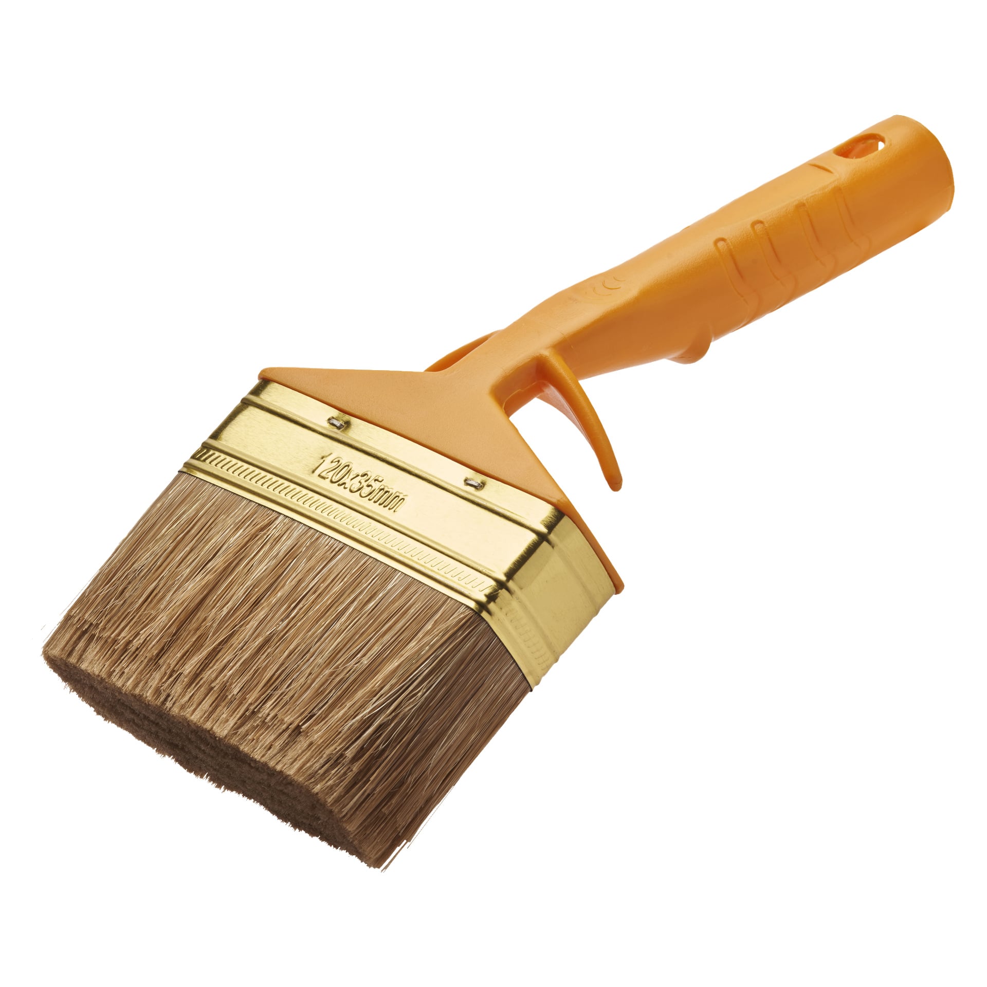 Der Hard Head Angled-Pinsel zeigt braune Borsten, eine goldene Metallhülse mit 120x35 mm Aufschrift und einen orangefarbenen Kunststoffgriff. Der Pinsel ist nach links geneigt.