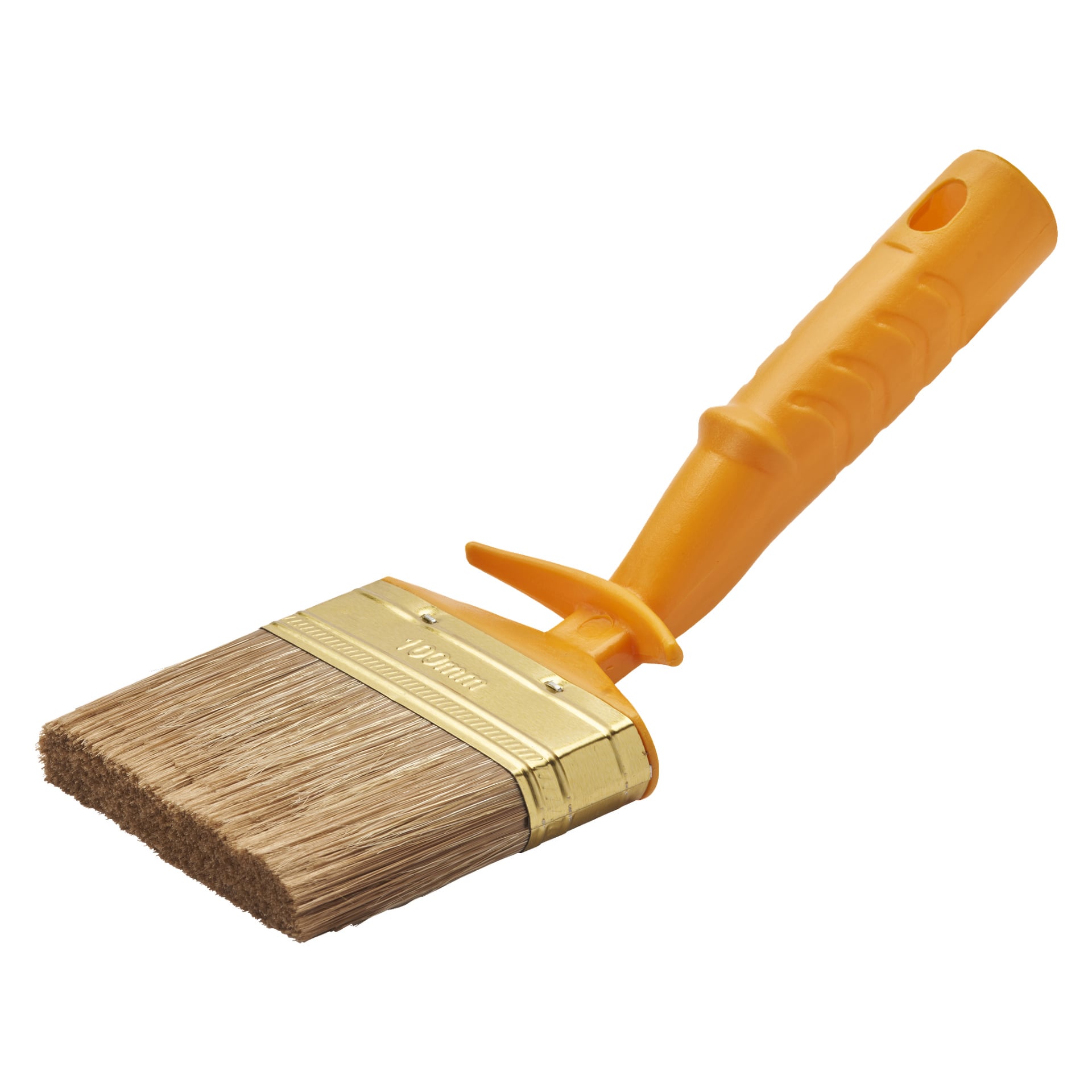 Børsten er merket The Hard Head Angled og har brune børster, en gullferrule og et oransje plasthåndtak.