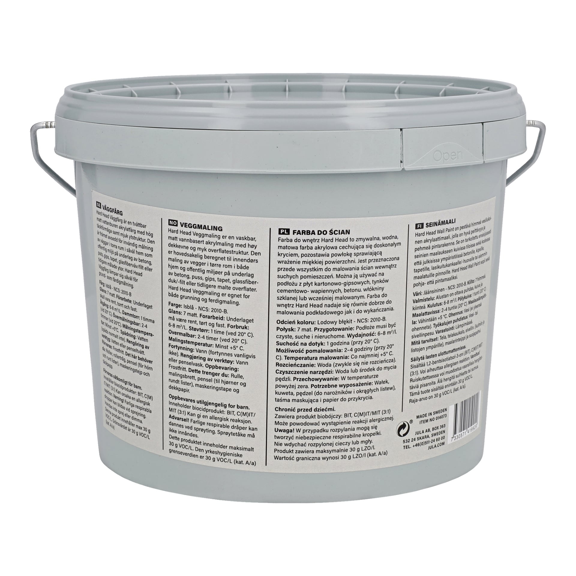 Szare plastikowe wiadro do farb ściennych od Hard Head z zamkniętą pokrywką i uchwytem jest widoczne od tyłu. Etykieta zawiera informacje o produktach i instrukcje, w tym cytaty takie jak farba ścienna, szczegóły użytkowania, pokrycia i czyszczenia, a także notatki bezpieczeństwa.