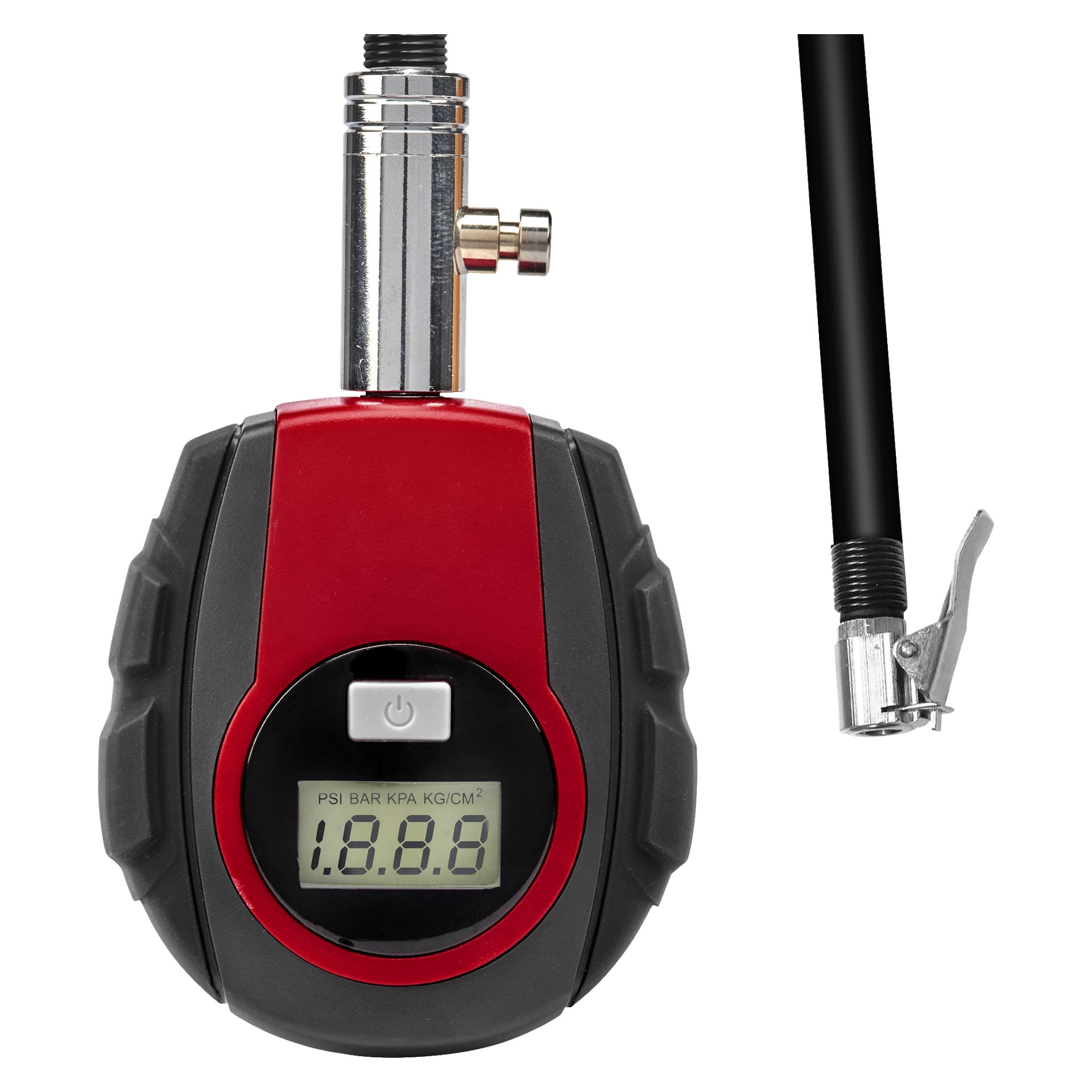 En röd och svart digital lufttrycksmätare från Meec Tools visar 188,8 på displayen. Dess svarta slang sträcker sig åt höger och slutar med en metallklämma för att fästa vid en däckventil.