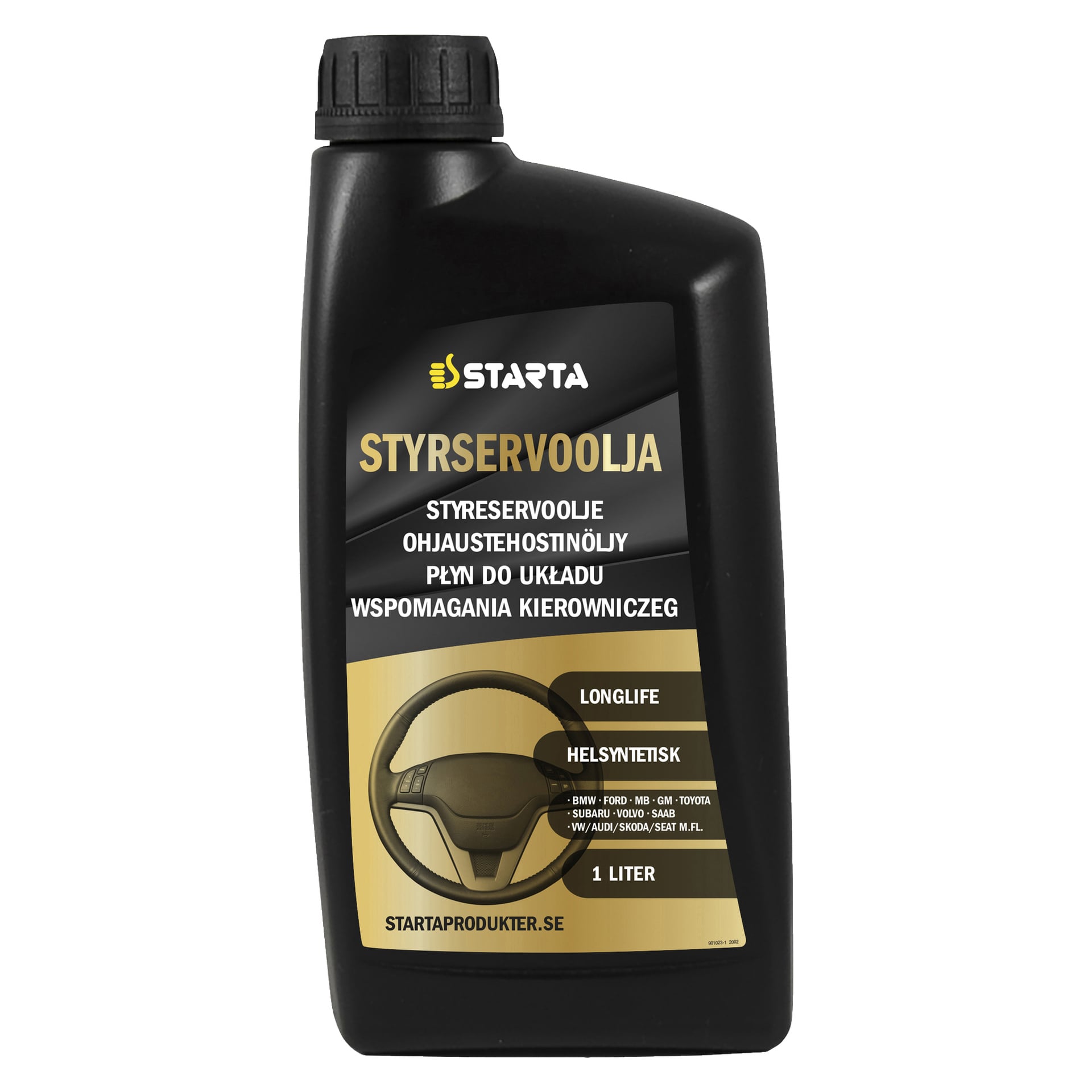 En 1-liters svart flaske Starta Power Steering Oil med en frontetikett som viser rattgrafikk og produktdetaljer. Den er merket som langtidsholdbar og egnet for flere bilmerker.