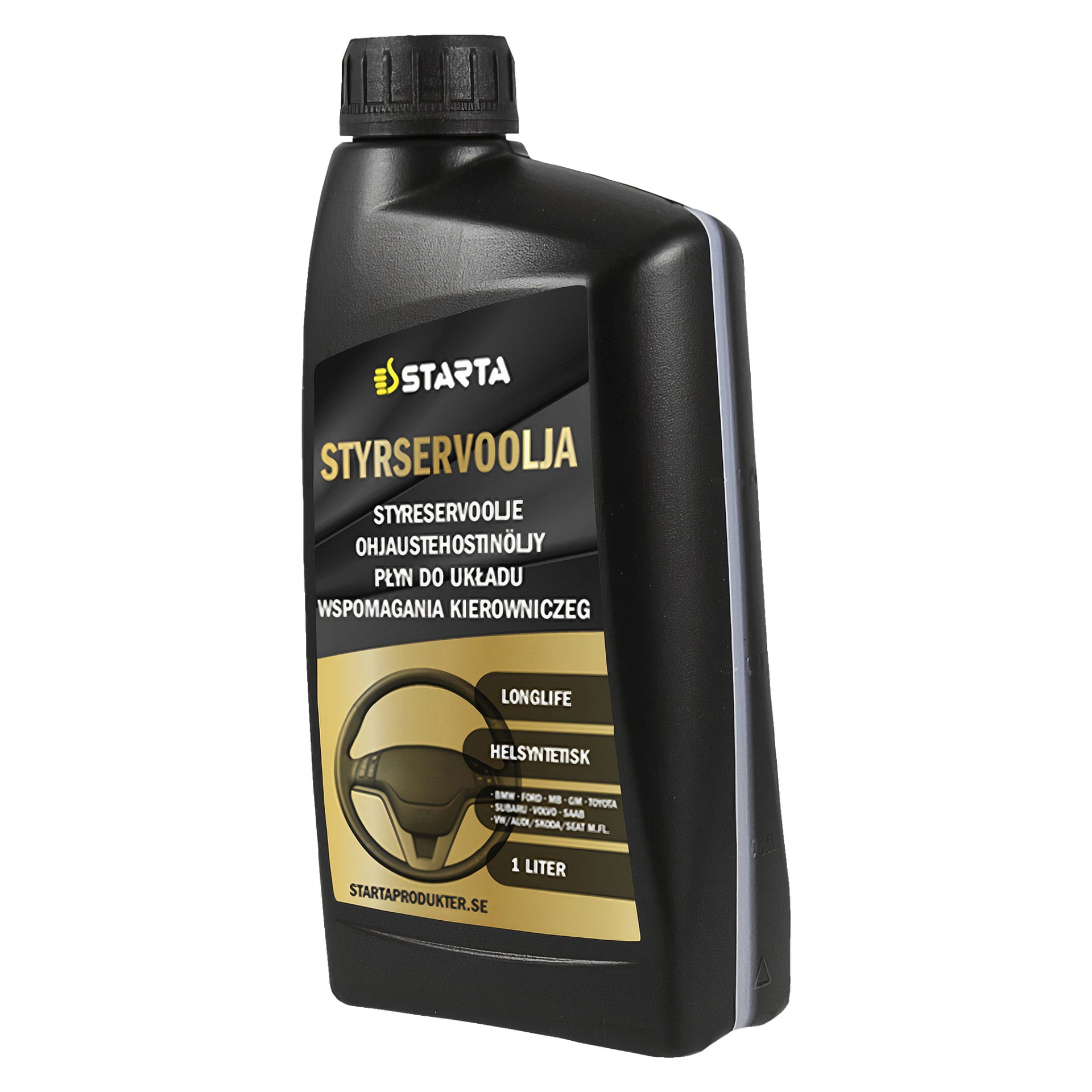 En 1-liters svart flaske Starta Power Steering Oil viser en rattgrafikk på etiketten, en gullstripe som viser kompatibilitet med ulike bilmerker, og tekst på flere språk.