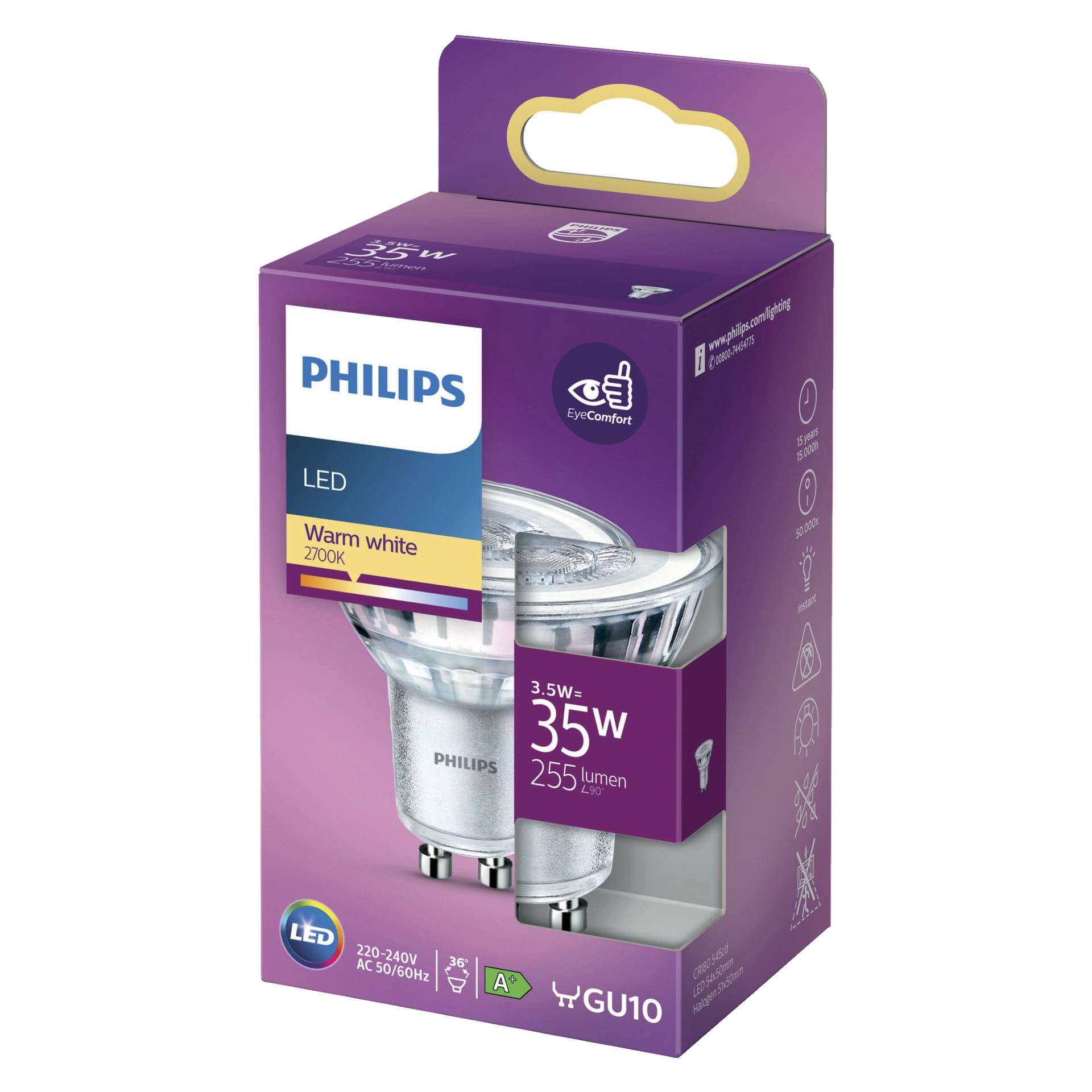 En lila Philips Reflector LED-lamplåda lyfter fram specifikationer som 3,5W effekt, 35W ekvivalent ljusstyrka, 255 lumen utgång, varmt vitt ljus vid 2700K, en GU10-bas och en A-energiklassning. Framsidan av lådan visar en bild på lampan tillsammans med EyeComfort-logotypen.