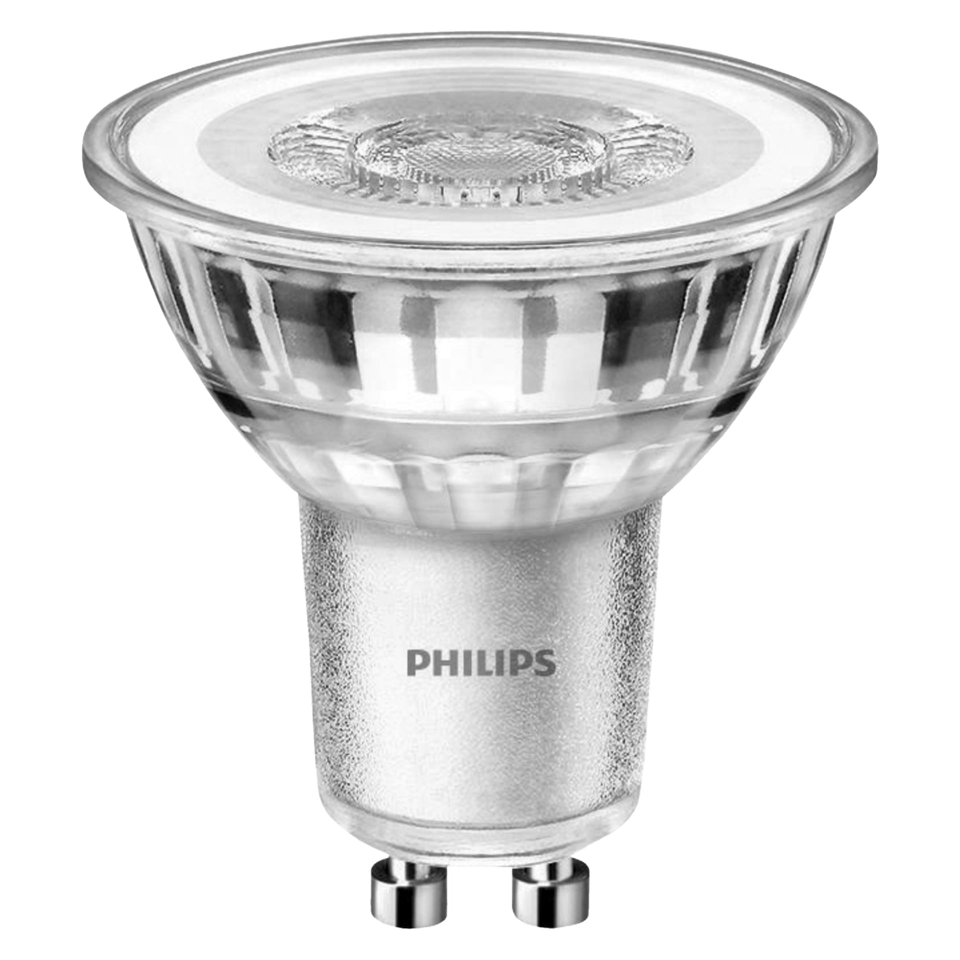 En Philips LED-reflektorlampa står upprätt och visar en metallisk bas med två stift längst ner och en fasetterad, reflekterande glastopp.
