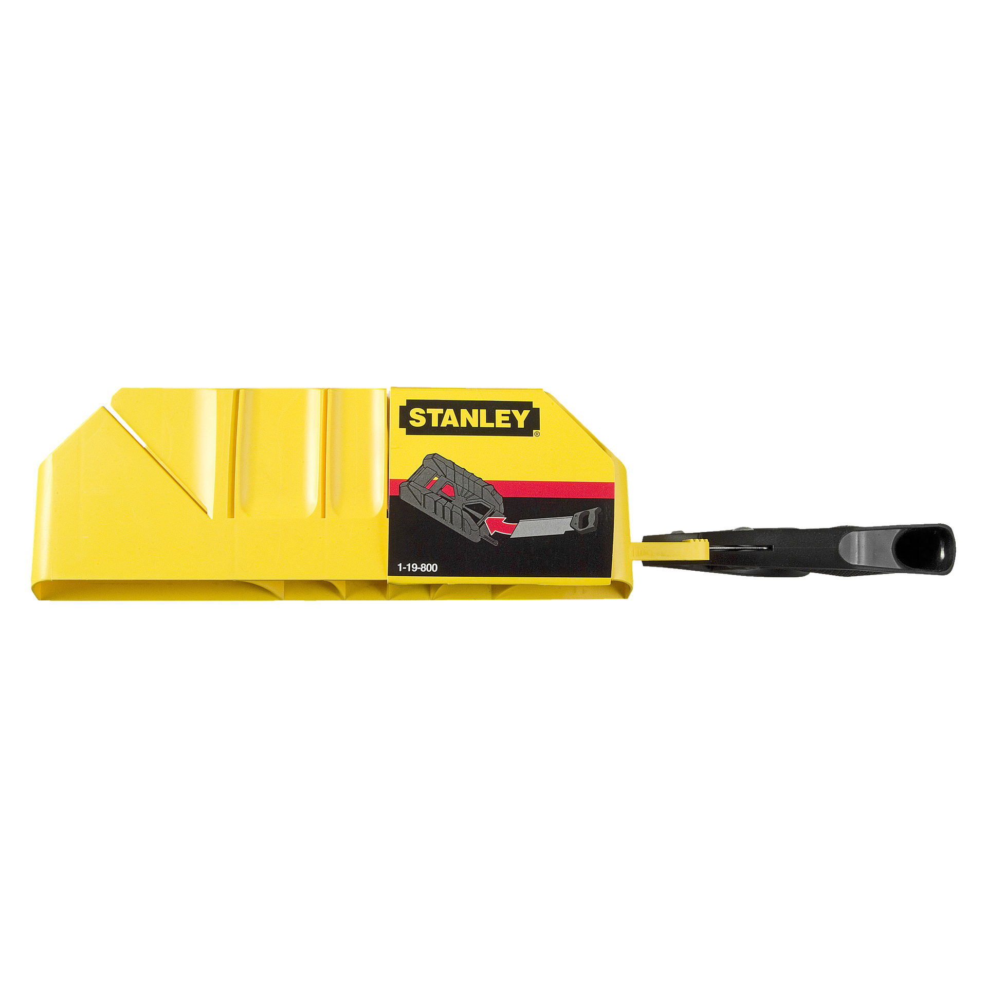 Zestaw skrzynki Stanley Back Saw + Mitring pokazany od przodu, z żółtą skrzynką do cięcia i czarną ręczną piłą przymocowaną. Logo Stanleya oraz schemat produktu są widoczne po jednej stronie.