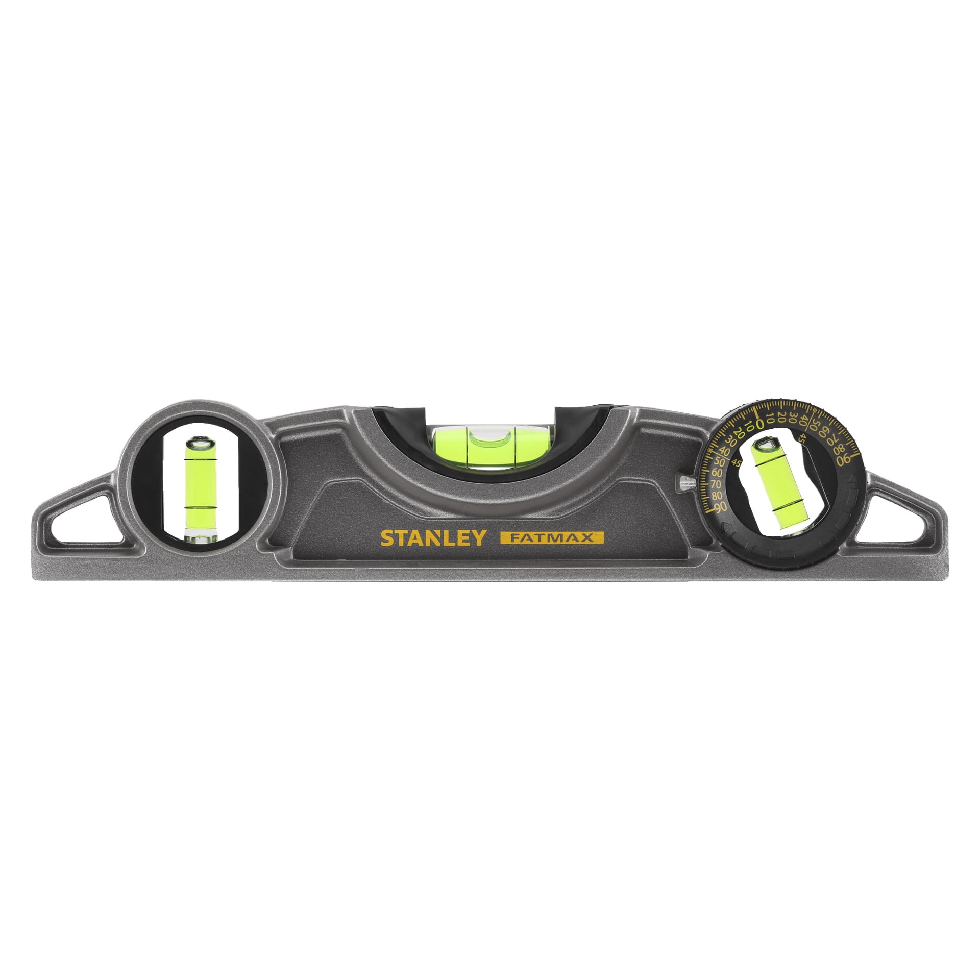 Stanley FatMax Torpedo spritnivå FATMAX Xtreme med tre bubbelflaskor, en i en roterande cirkulär ratt. Verktyget har en metallgrå kropp och gul Stanley FatMax-märkning i mitten. Flaskorna innehåller grön vätska med svarta linjelinjer.