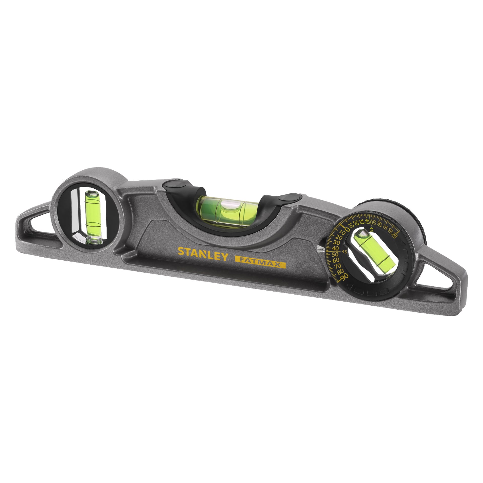 En grå Stanley FatMax Torpedo Spirit Level FATMAX Xtreme har gula detaljer och svarta detaljer, utrustad med tre bubbelflaskor – inklusive en som roterar för vinkelmätningar – för att säkerställa exakt nivåjustering.