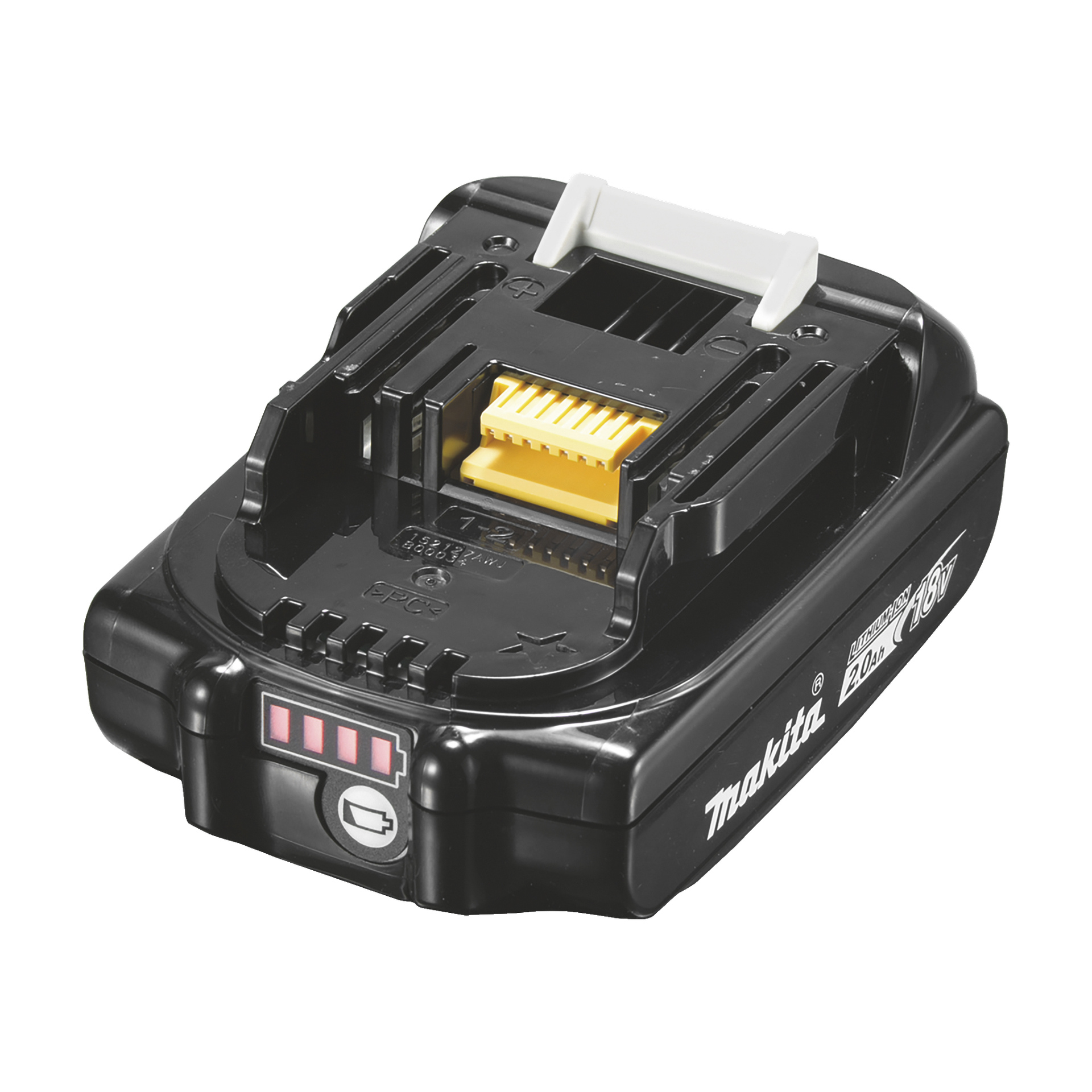 Ett Makita BL1820B LXT 18V litiumjonbatteri med svart chass, vit frigöringsklämma, gula terminaler, batteriladdningsindikator och Makita-logotyp på sidan.