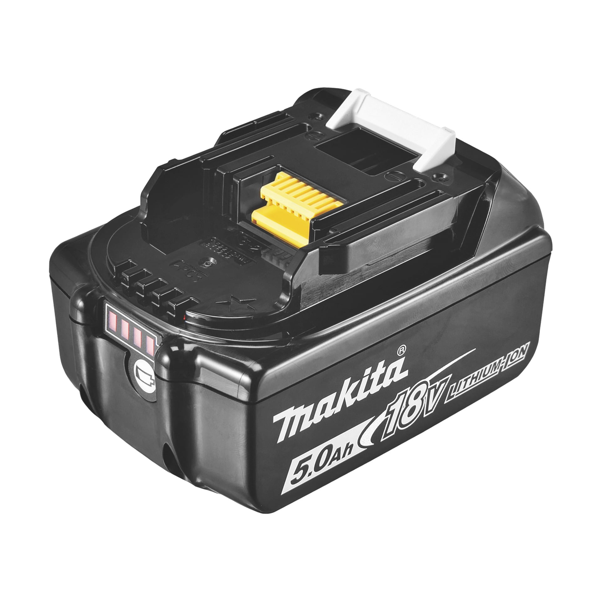 Makita BL1850B 18V 5,0Ah litiumjonbatteri med svart hölje, gul kontakt, strömindikatorlampor och Makita-logotypen på sidan.