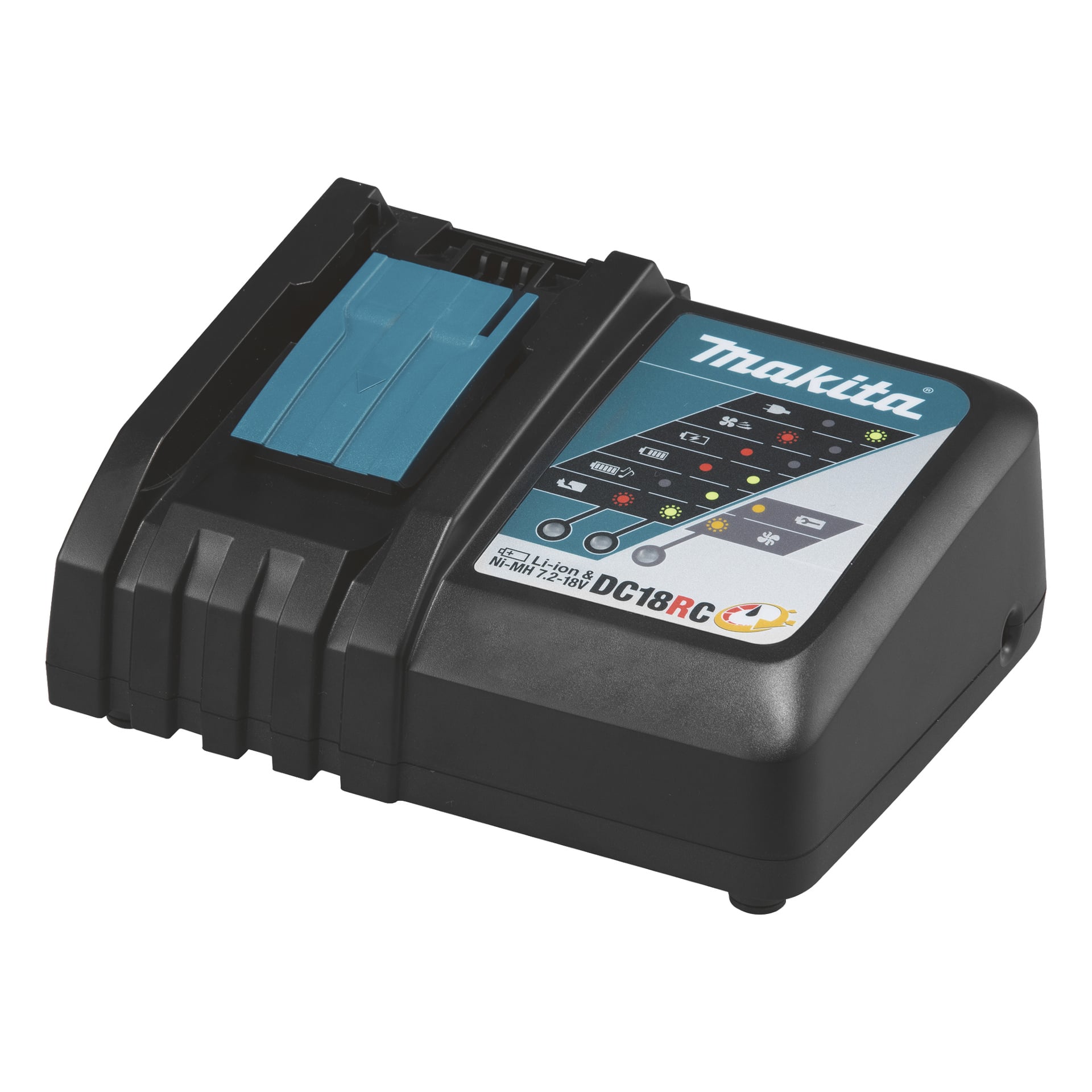 Makita Quick Charger DC18RC LXT 18V med indikatorlampor och en laddningsplats för 14,4V–18V Li-Ion och Ni-MH batterier. Chargern är övervägande svart med en teal-accent och har Makita-logotypen.