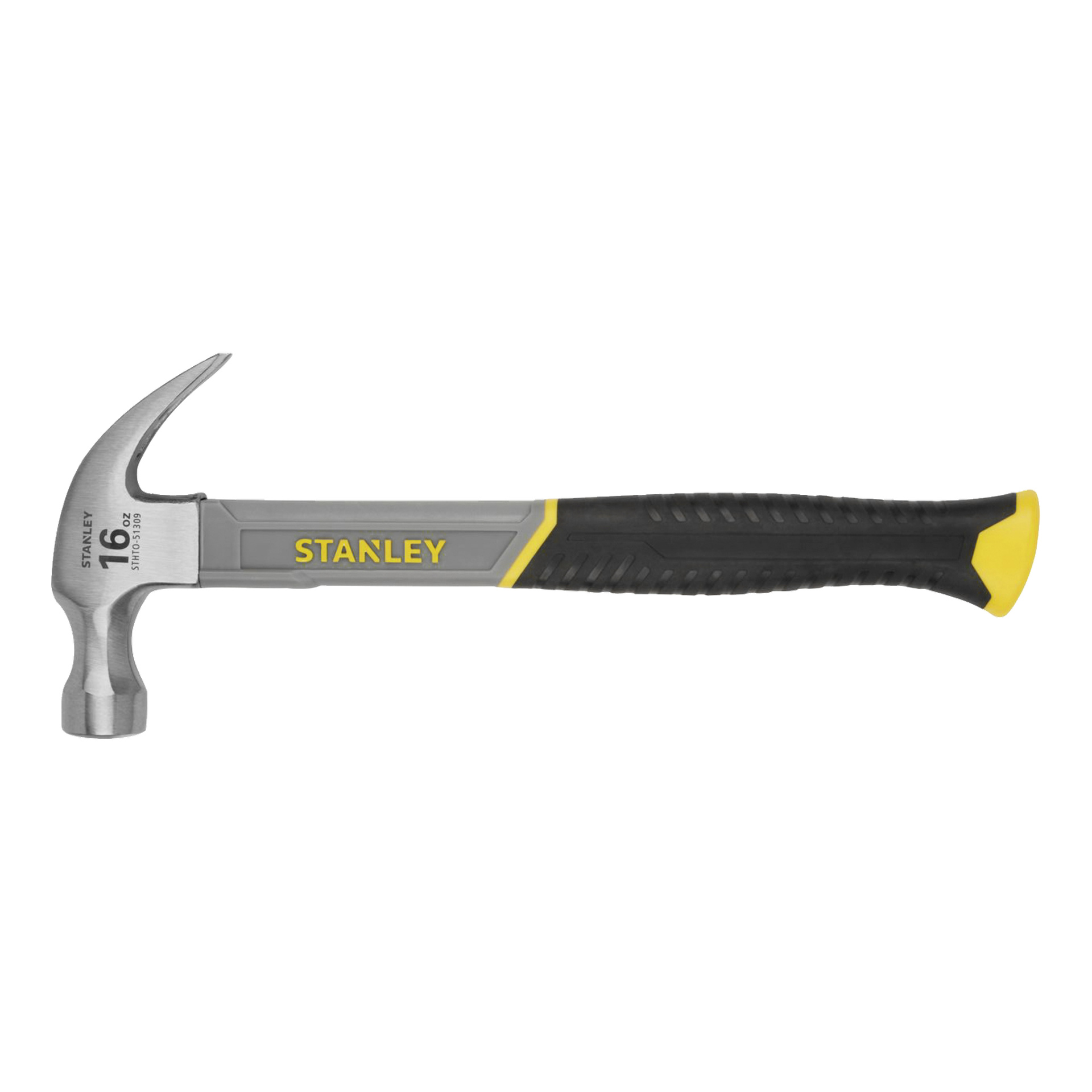 Stanley 16-ounce klohammare med silverhuvud, grått handtag, svart gummigrepp och gul detalj i handtagets ände.