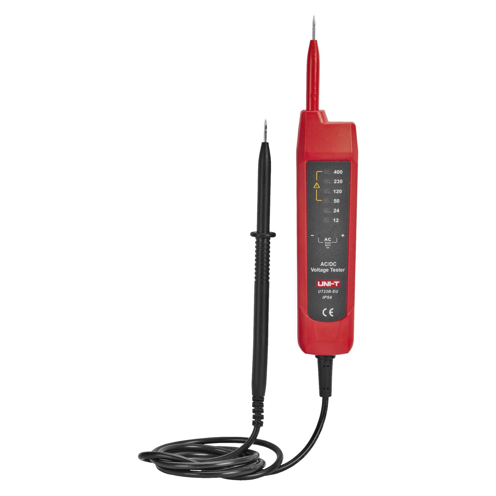 Uni-Trend UT22B-EU spenningstester med digital skjerm, tilknyttede røde og svarte prober koblet sammen med en sammenrullet ledning, og en spenningsområdeindikator merket fra 12 til 400 volt.