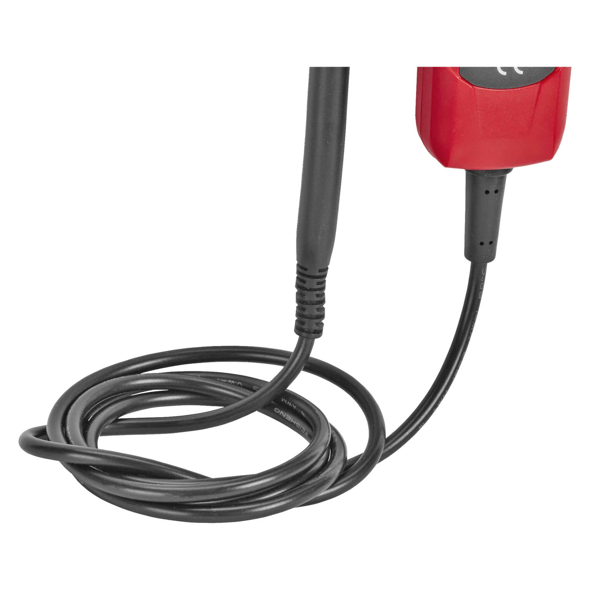 Et nærbilde av en sammenrullet svart elektrisk kabel festet til en Uni-Trend Voltage Tester UT22B-EU.