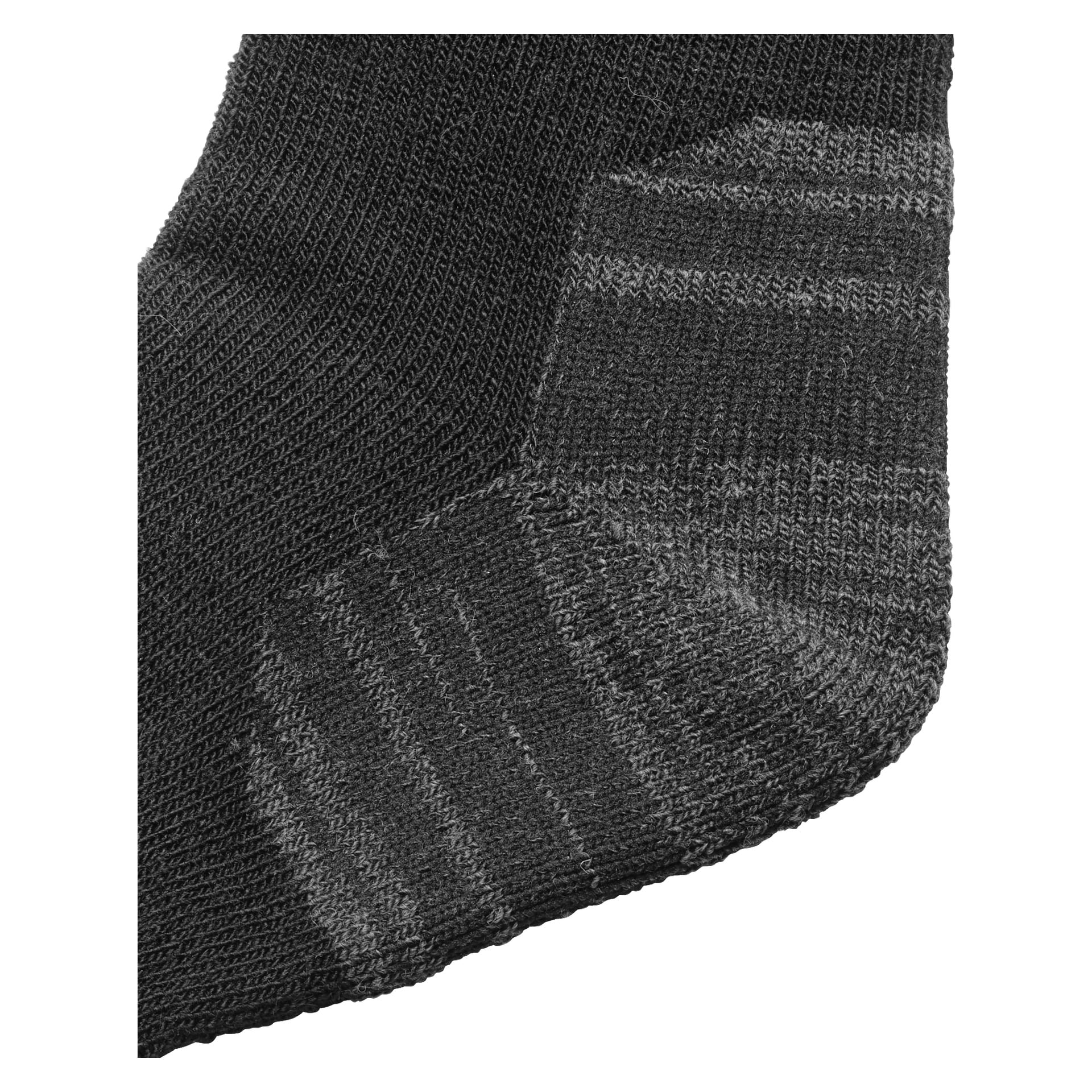 Detaljerad närbild av hälen och fotsektionen på en Bluewear Work Sock från ett fempacksset, som visar mörkgrått tyg med ljusare grå ränder och blandade stickade mönster. Strumpan verkar vara gjord av tjockt, bekvämt material.