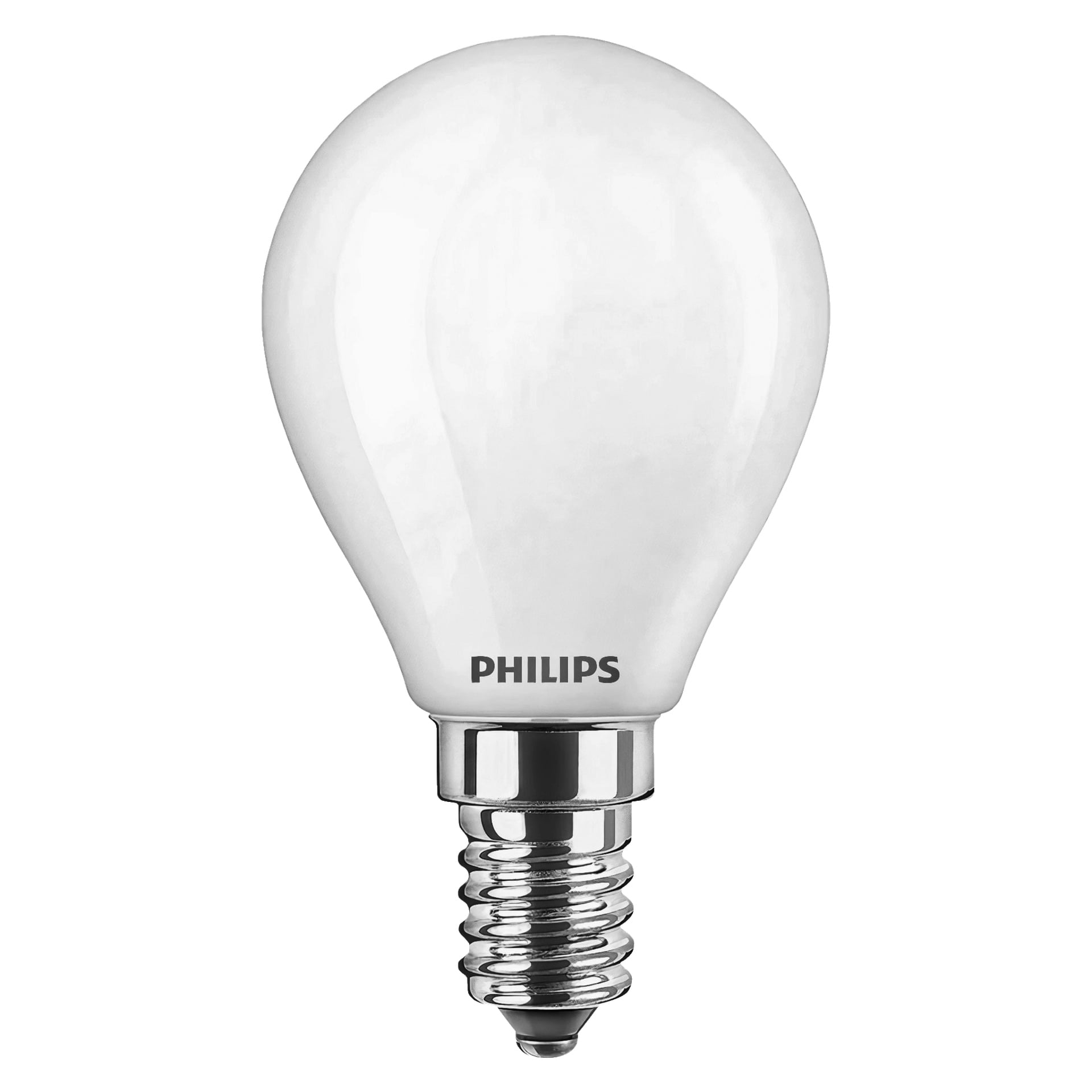 En Philips LED-globlampa med rund, frostat glastopp och en metallskruvbas.