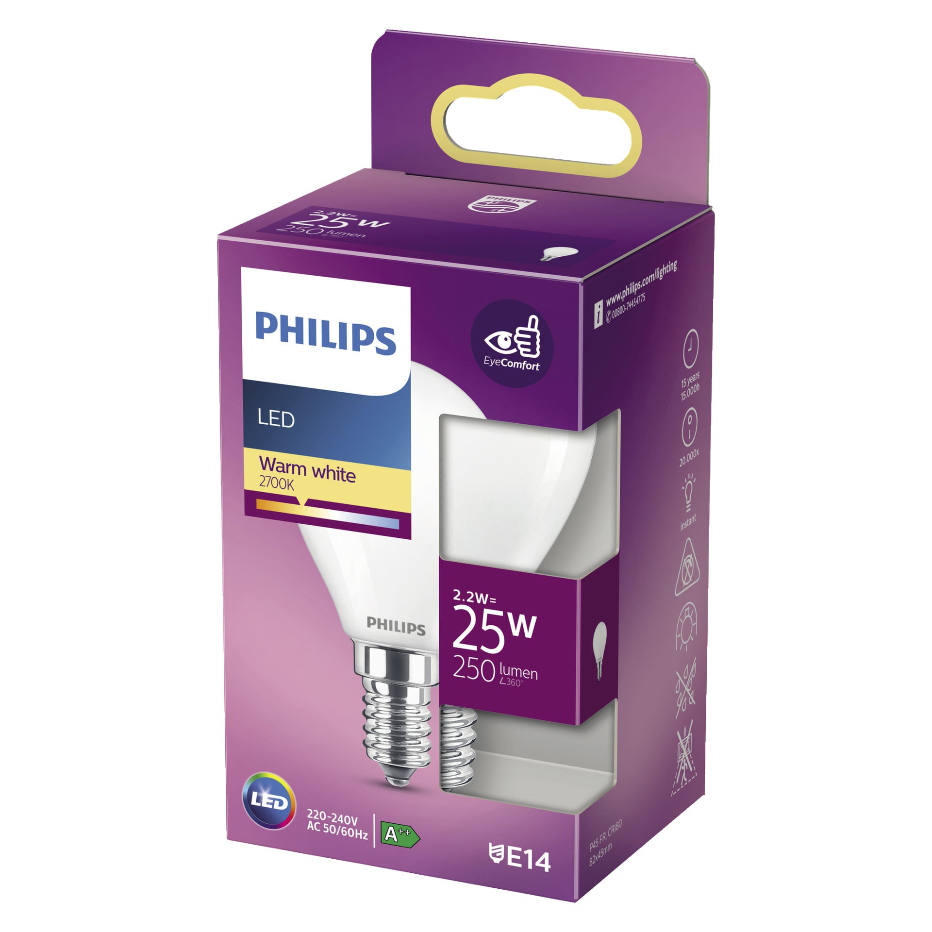 En lila Philips-box visar en LED-globlampa som lyfter fram funktioner som varmt vitt ljus vid 2700K, 2,2W strömförbrukning (motsvarande 25W), 250 lumens ljusstyrka, E14-bastyp, A++ energiklass och EyeComfort-logotypen.