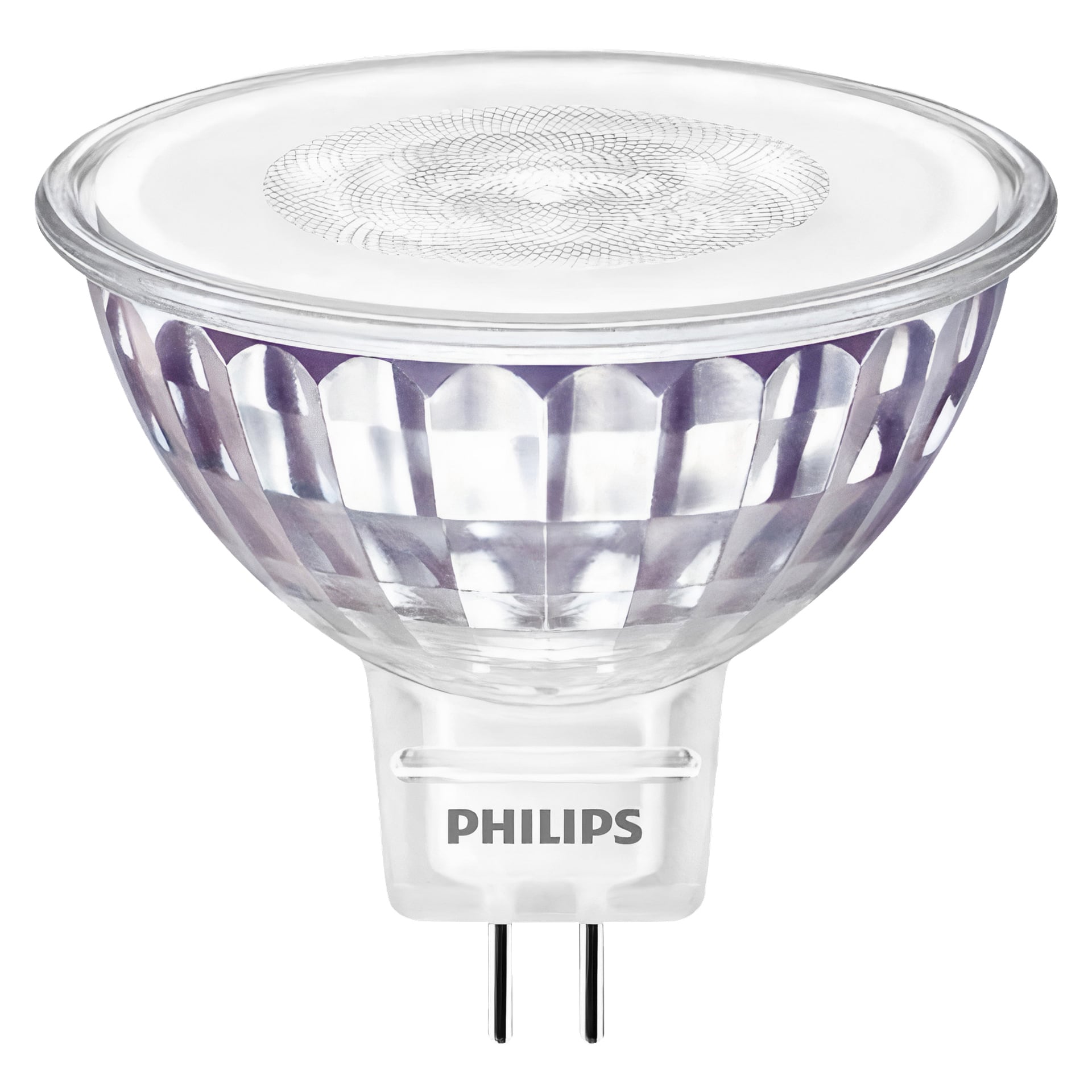 En Philips LED dimmbar pinnlampa WarmGlow med en klar fasetterad design och två metallstift vid basen.