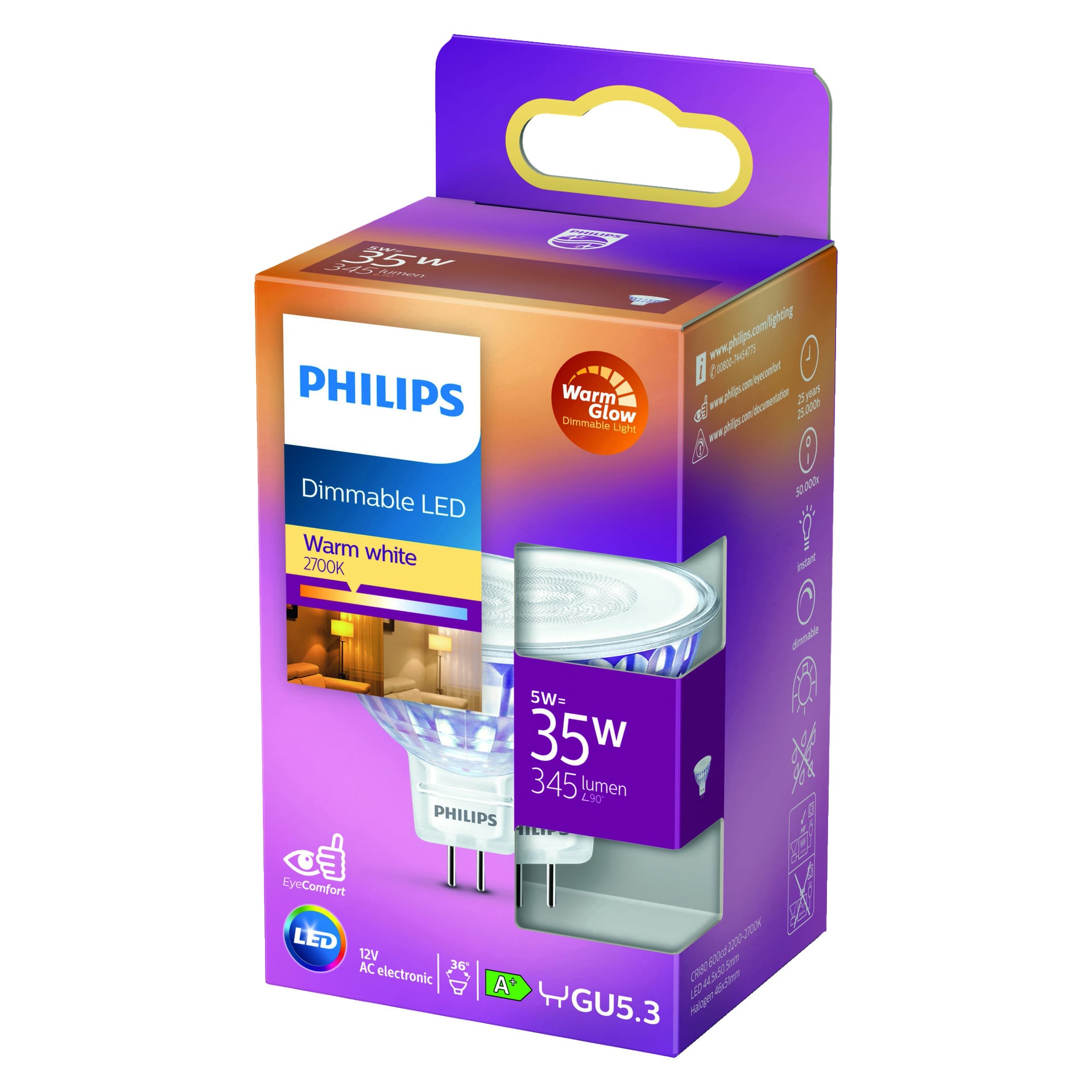En Philips LED WarmGlow dimbar pin bulb-box visar detaljer som 5W effekt, 35W ersättning, 345 lumens ljusstyrka, varmt vitt ljus vid 2700K, GU5.3-bas och ikoner som lyfter fram LED-teknik, ögonkomfort och energibesparing.