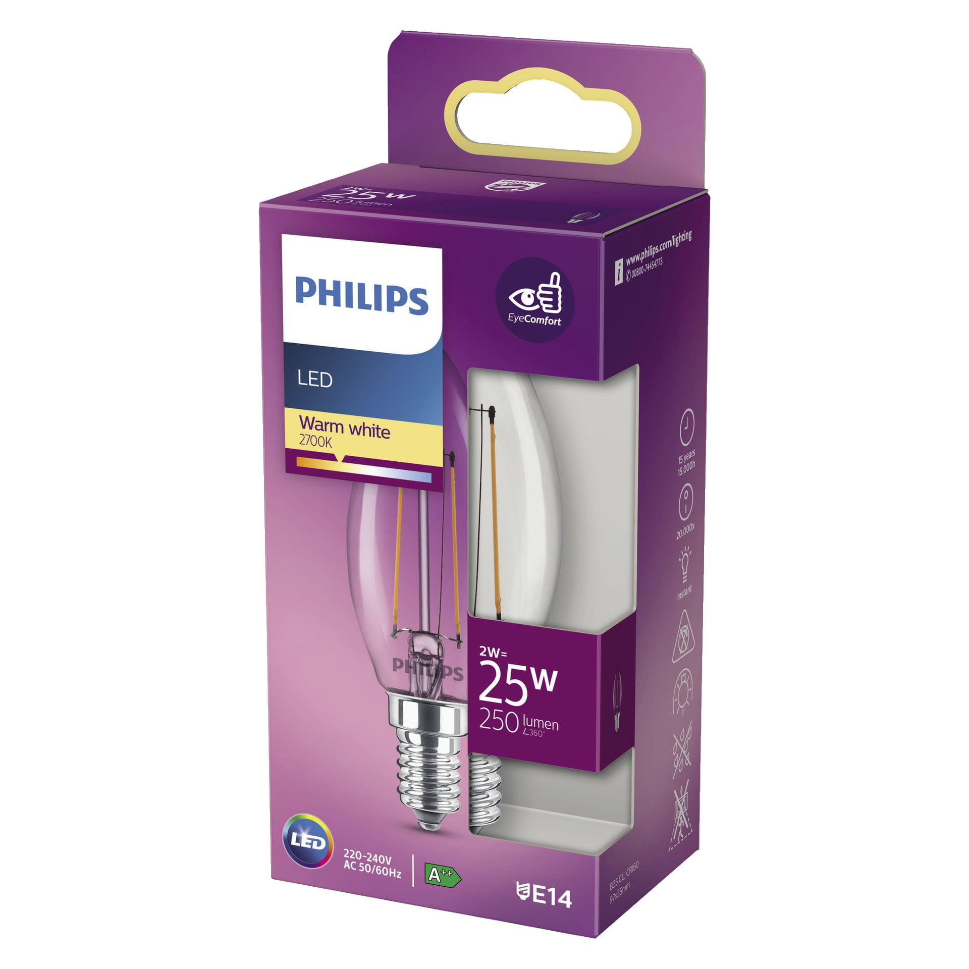 En Philips LED-ljuskrona i varmt vitt (2700K) visas i lila och vit förpackning. Lådan visar viktiga funktioner inklusive 2W motsvarande 25W, 250 lumen, E14 bas, energiklass A++ och EyeComfort-symbolen.