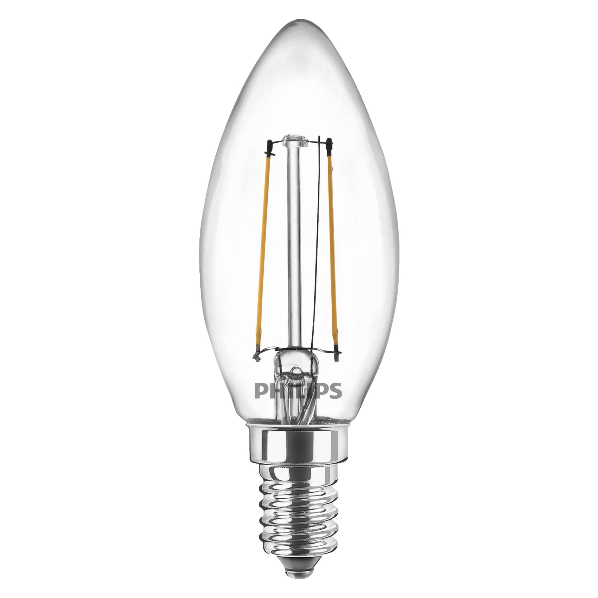 En Philips LED-ljuskrona med en transparent, ljusliknande form, som visar raka glödtrådsstavar inuti, en metallisk skruvbas och en klar glasfasad.