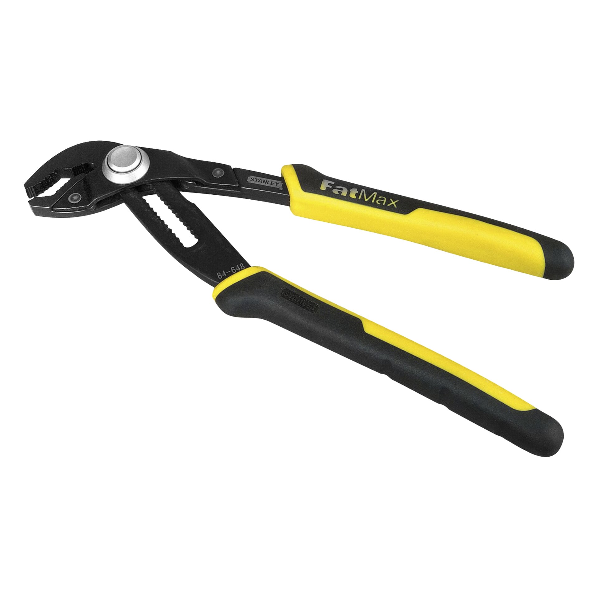 Stanley FatMax Universal-tänger med svarta metallkäkar och ergonomiska gula och svarta handtag.