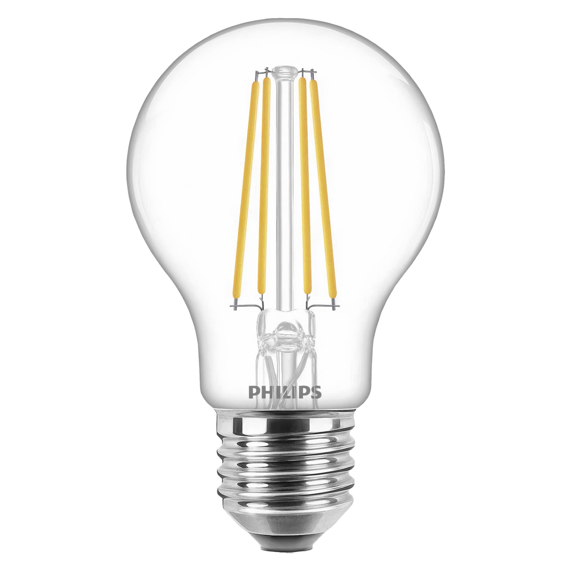 Żarówka Philips LED z czterema pionowymi żółtymi żarnikami w przezroczystej szklanej obudowce, logo Philips przy podstawie żarówki oraz błyszczącym srebrnym złączem śrubowym. Żarówka wydaje się nieużywana.