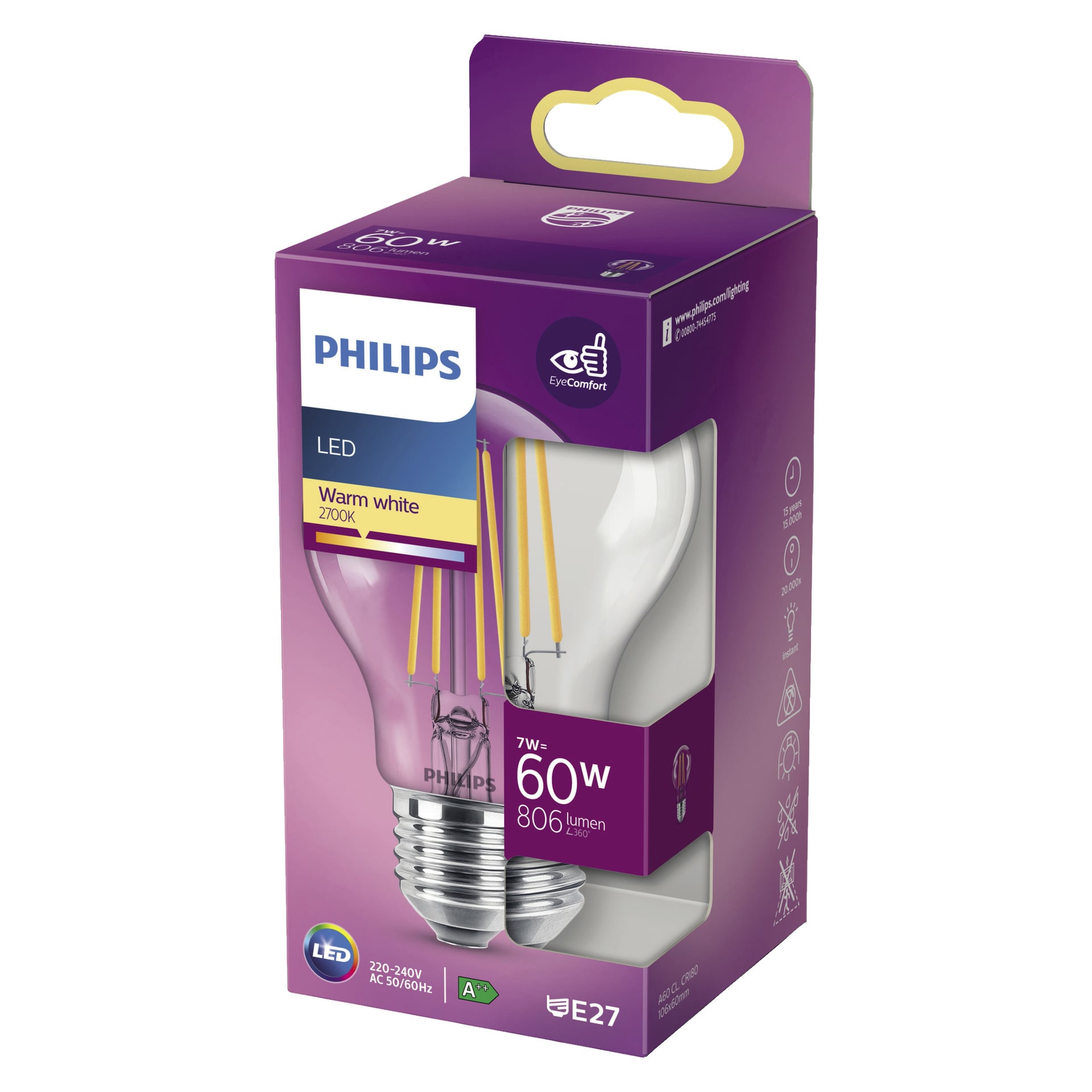 Żarówka Philips Normal LED jest zapakowana w fioletowe pudełko, oznaczone jako 7W (równoważne 60W), zapewniające 806 lumenów ciepłego białego światła przy 2700K z podstawą E27. Opakowanie podkreśla ocenę Energy Class A oraz prezentuje zarówno żarówkę, jak i kluczowe cechy.