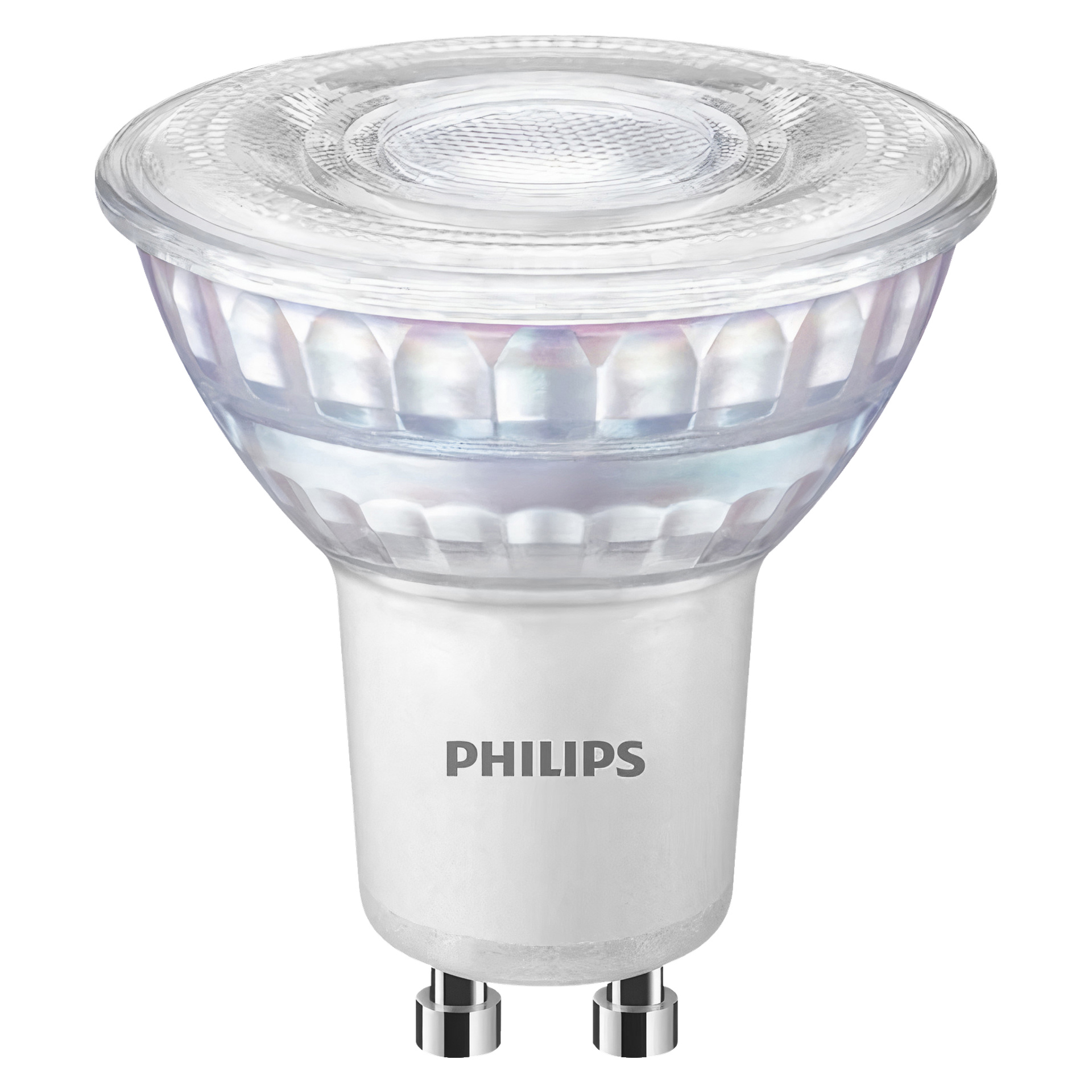 En Philips WarmGlow dimbar LED-reflektorlampa med GU10-bas står upprätt. Dess topp är klar och blottar den inre strukturen, medan Philips-logotypen syns på den vita sektionen nedanför.