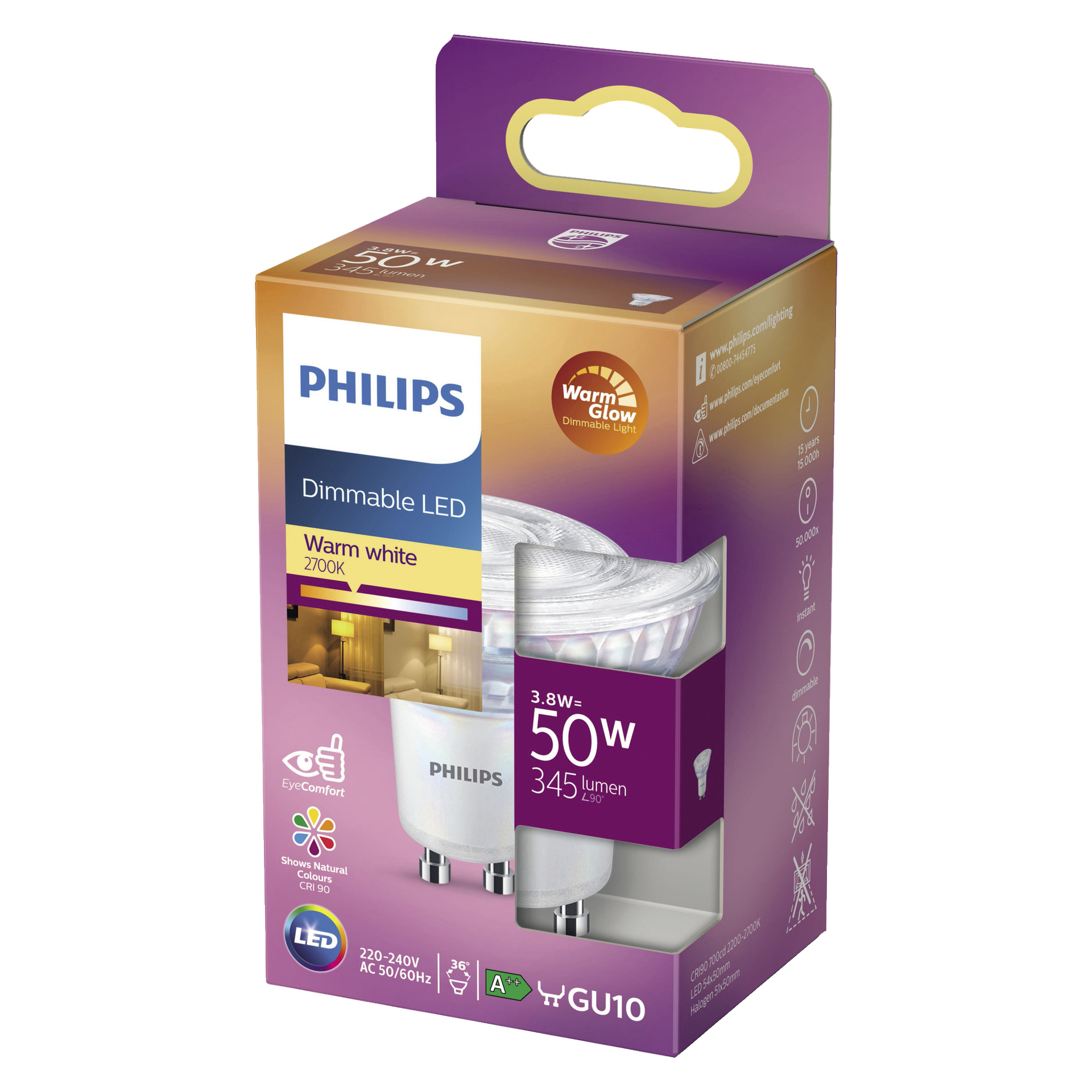Philips dimmbara LED-reflektorlampor WarmGlow visas i förpackningen, som lyfter fram den varmvita 2700K-lampan, låg energiförbrukning på 3,8W (som ersätter en 50W-lampa), GU10-bas och ljusstyrka på 345 lumen. Lådan visar ikoner för energieffektivitet, EyeComfort-teknik och en CRI på 80, med illustrationer av lampan och dess funktioner.
