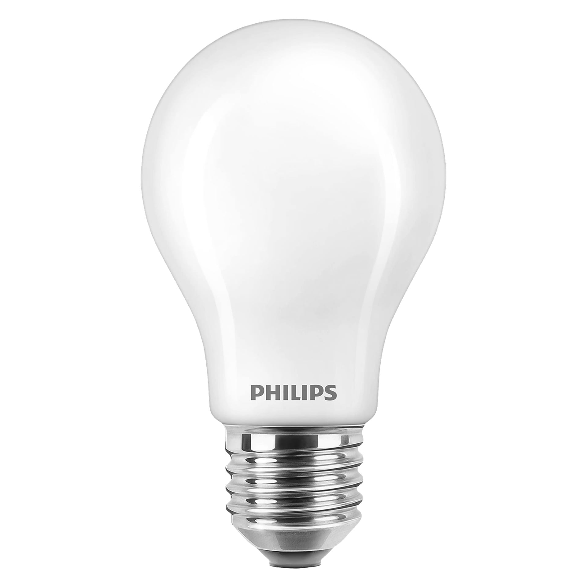 En Philips Normal LED-lampa med frostat glasutsida och metallskruvbas, som visas stående upprätt.