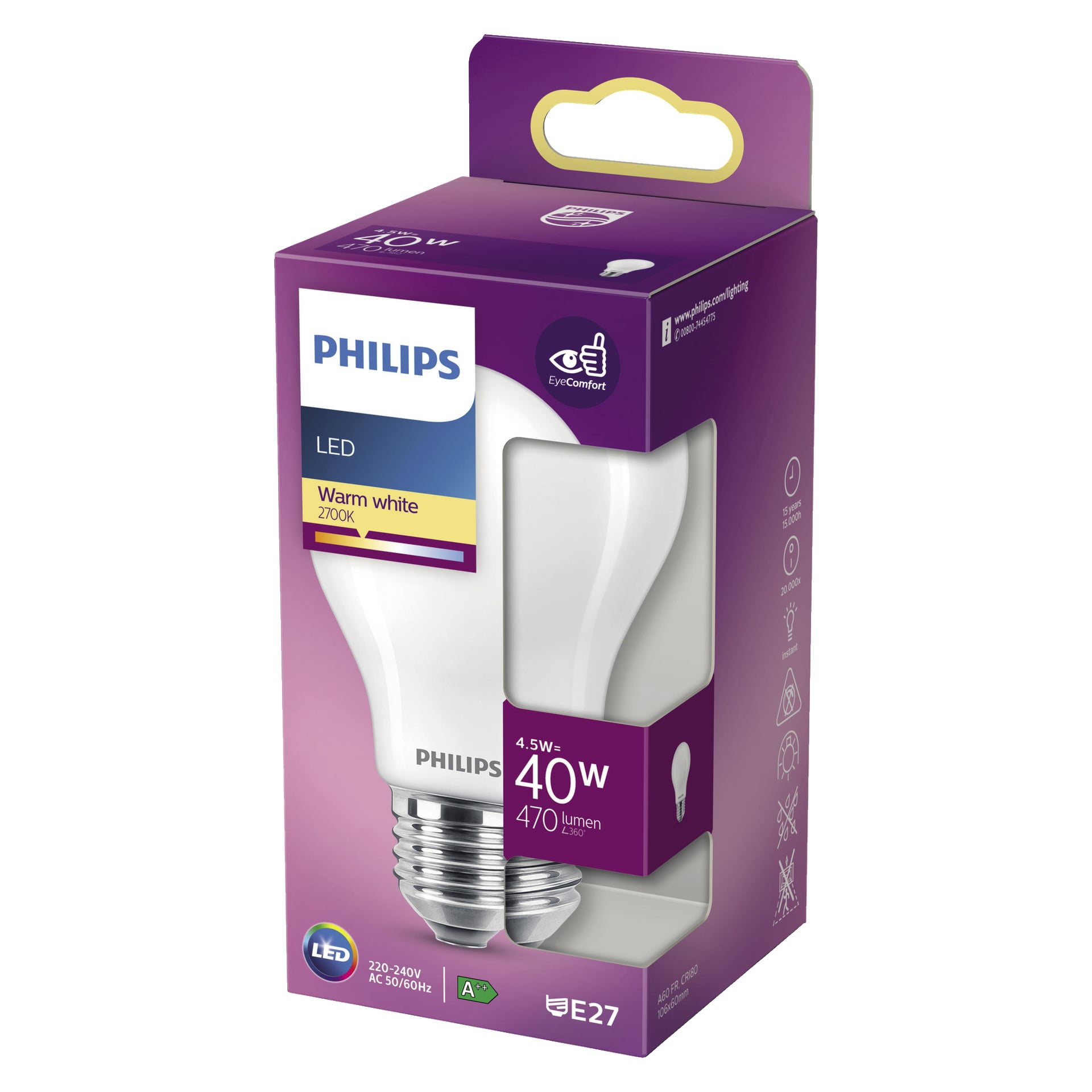 En Philips Normal LED-lampa i varmt vitt (2700K) visas i sin lila låda. Förpackningen visar 4,5W strömförbrukning som ersättning för 40W, ger 470 lumen ljus, har en E27-sockettyp och har EyeComfort-logotypen.