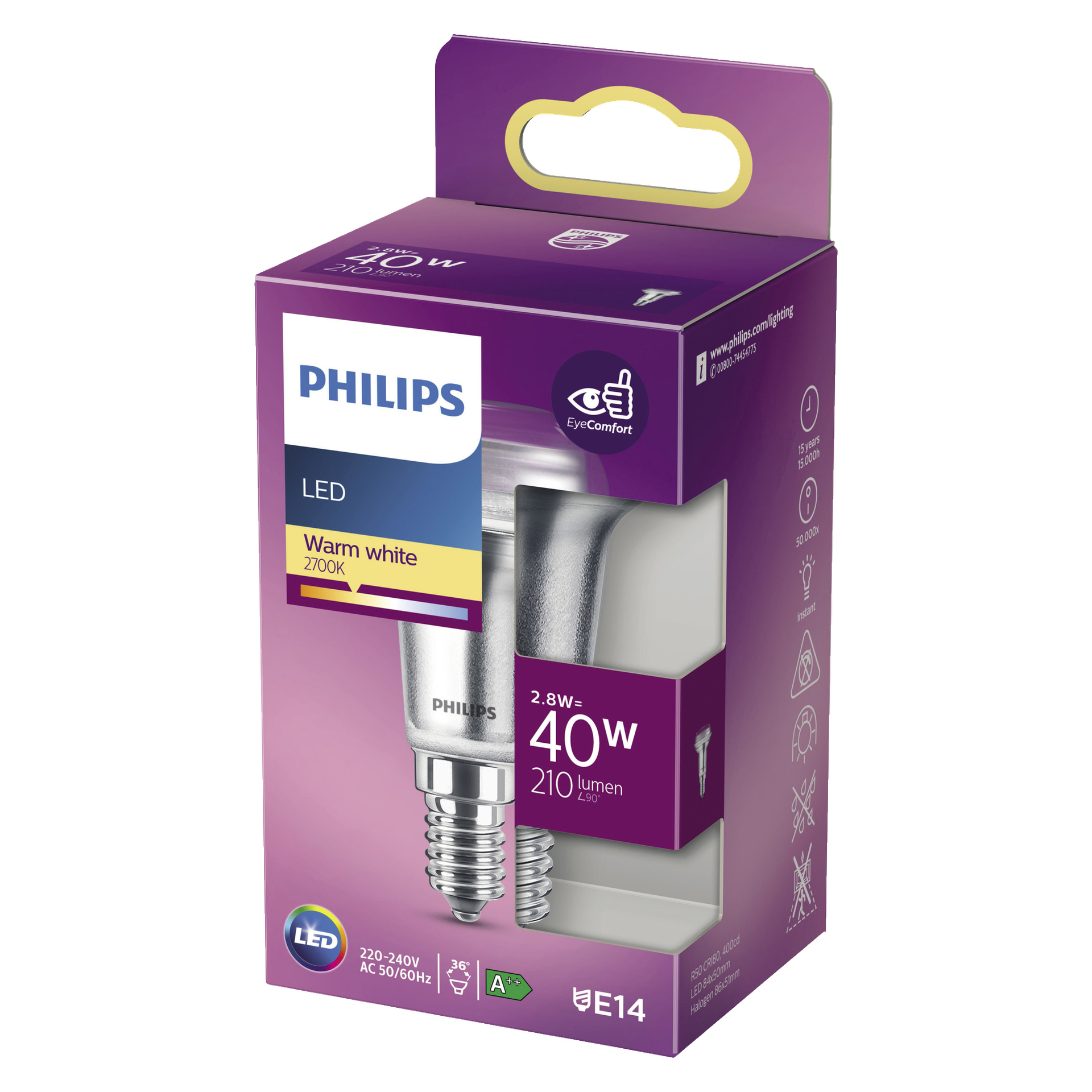 En lila Philips-låda med reflektor-LED-lampor, beskriven som varmvita 2700K, 2,8W (40W ekvivalent), som producerar 210 lumen, med en E14-bas och EyeComfort-funktioner. Förpackningen visar produktens image tillsammans med dess viktigaste specifikationer.