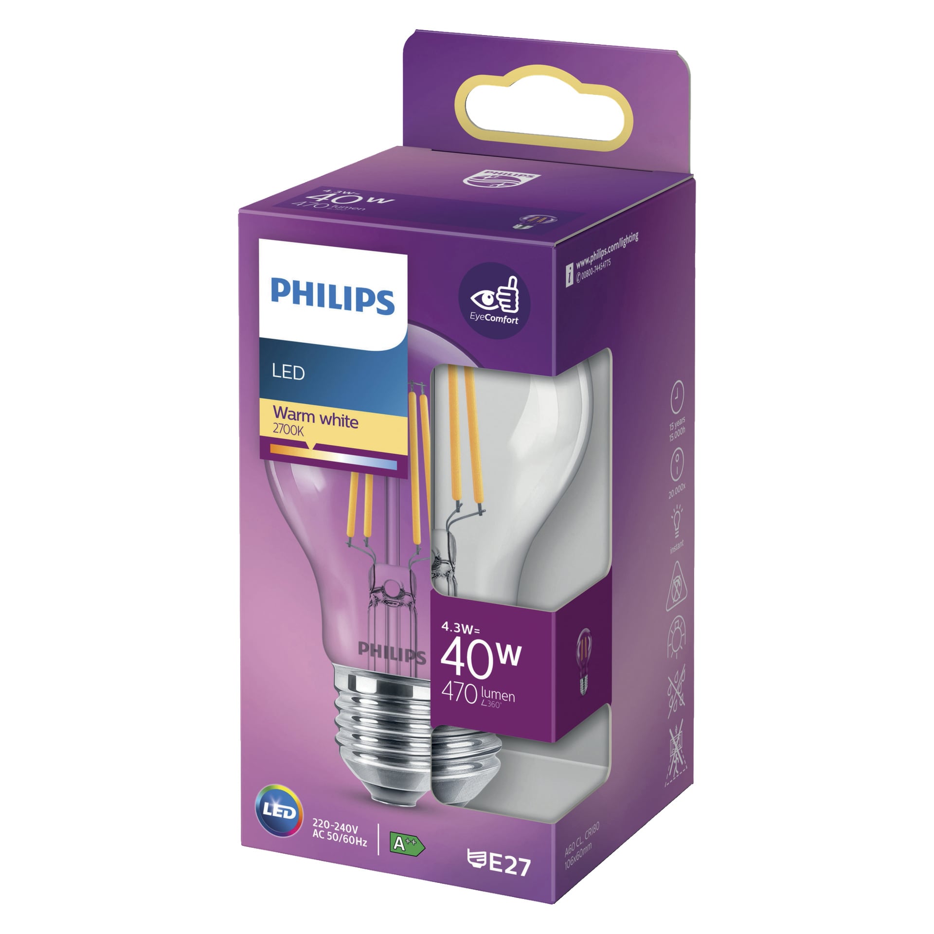 En Philips Normal LED-lampa i varmvitt 2700K visas i lila och gul förpackning med information om dess 4,3W energianvändning, 40W glödlampe, ljusstyrka på 470 lumen, E27-bas och EyeComfort-teknologi.