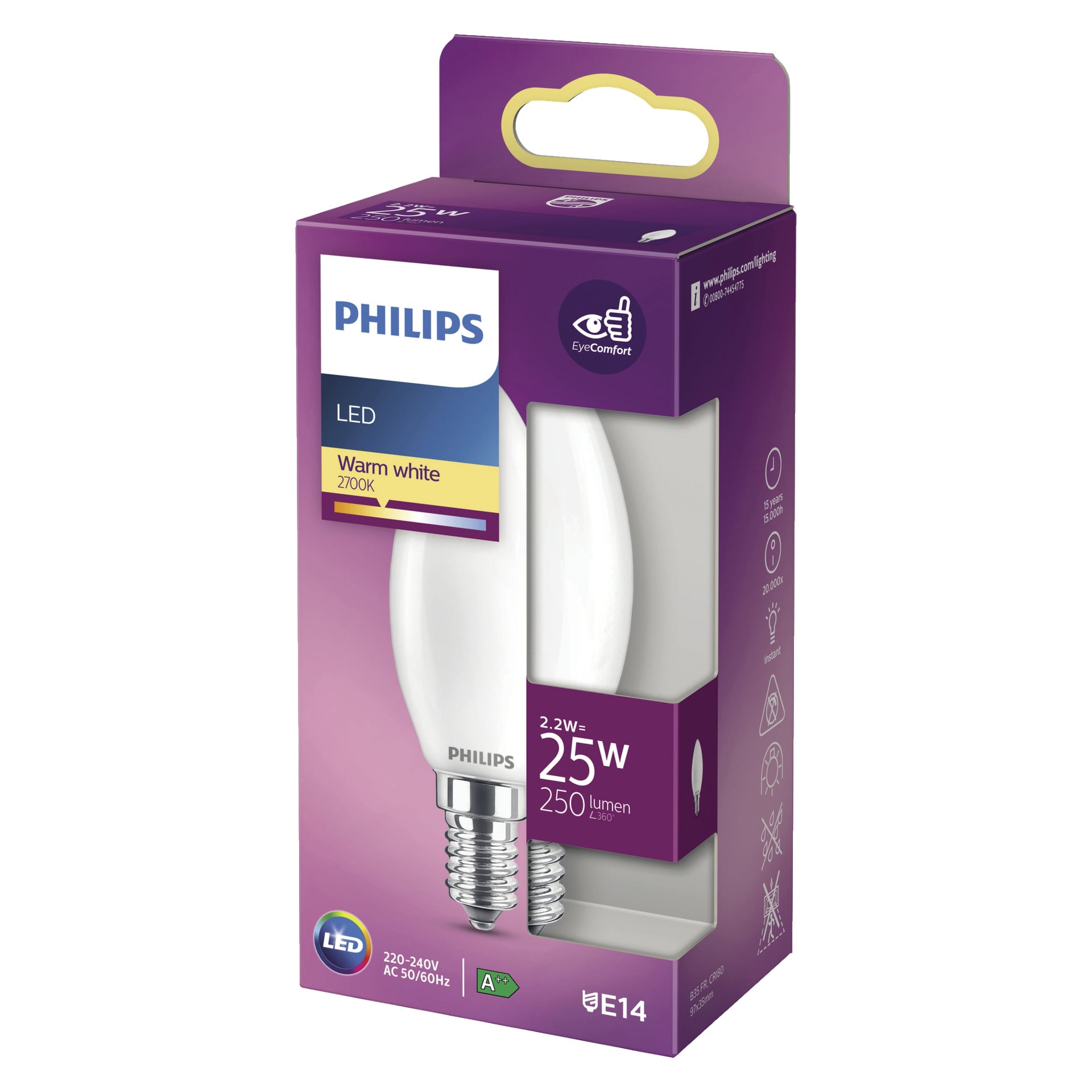 Philips LED-ljuskrona i lila och vitt visar en 2,2W, 250 lumen, varm vit (2700K) lampa med en E14-sockel. Lådan har energieffektivitets- och EyeComfort-symboler, med en del av lampan synlig genom förpackningen.