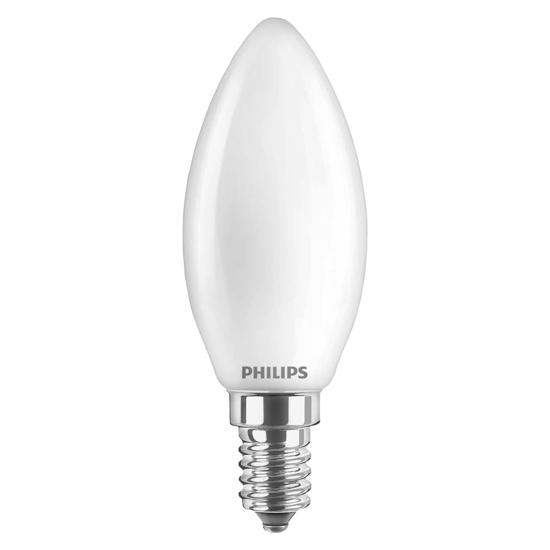 En Philips LED-ljuskrona med frostat, torpedformat glas och en metallisk skruvbas.