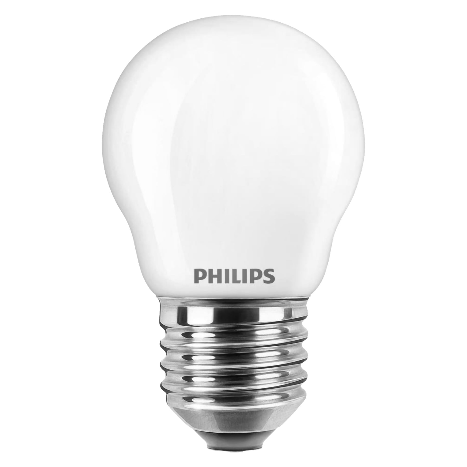 Eine Philips LED-Kugelbirne verfügt über eine mattierte Glasdecke und einen silbernen Schraubensockel. Das Philips-Logo ist auf dem unteren Teil der Glühbirne in grauen Buchstaben angezeigt.