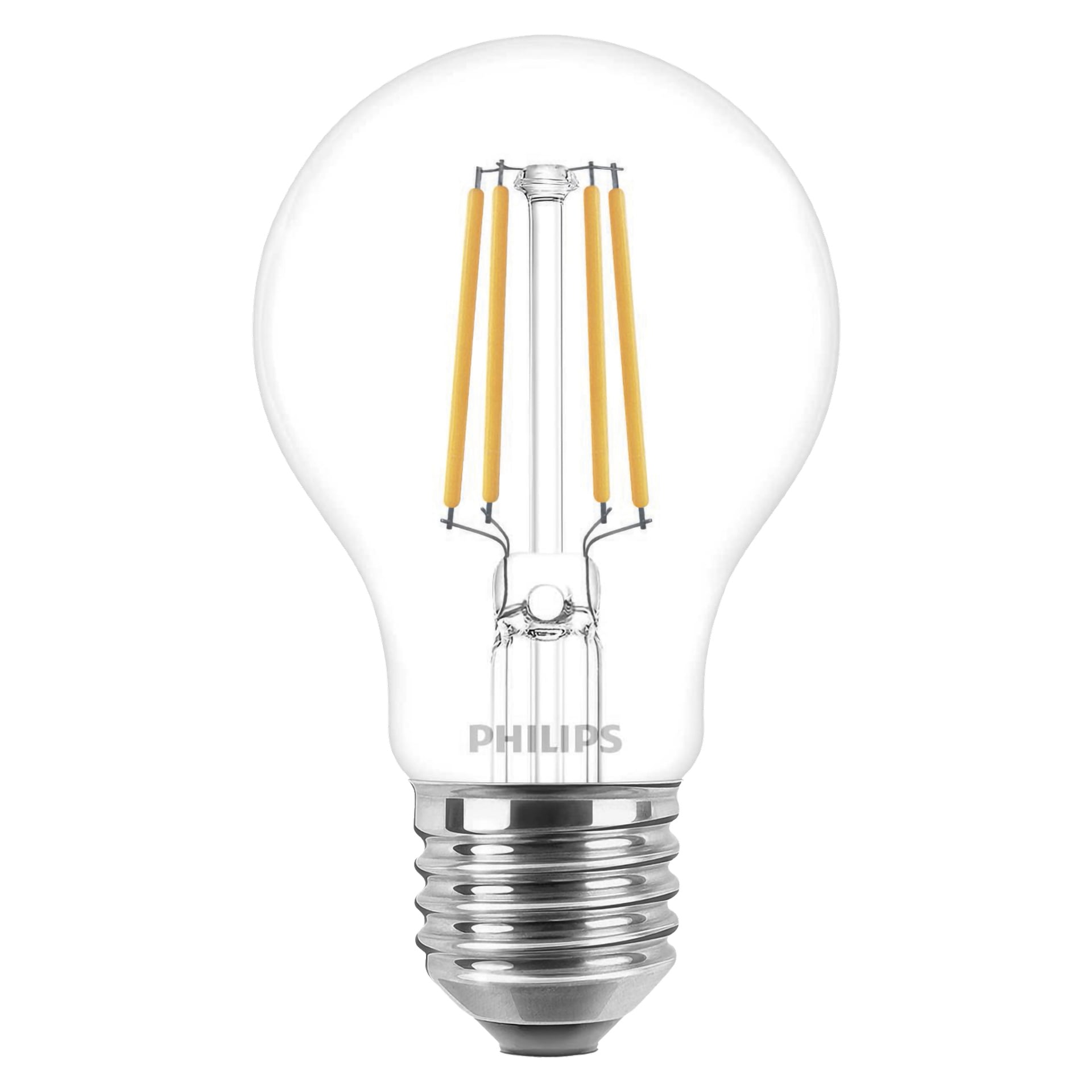 En Philips Normal LED-lampa med klart glas, exponerade interna glödtrådar och en silverfärgad skruvsockel.
