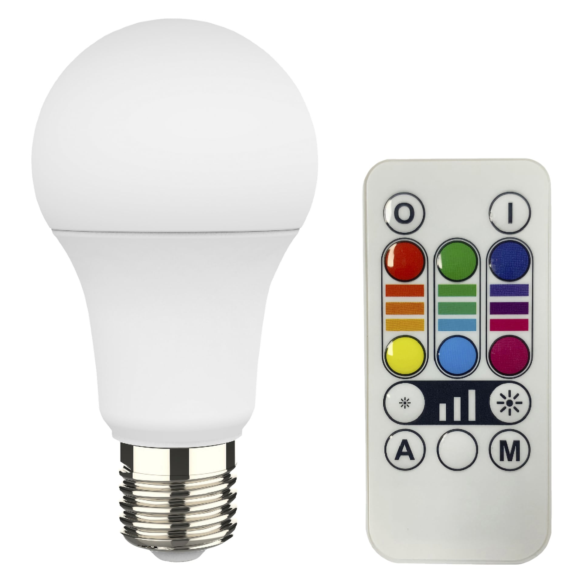 En Anslut RGB/WW LED-standardlampa med silverfärgad skruvsockel sitter bredvid en kompakt fjärrkontroll, som har olika färgglada knappar för att ändra lampans inställningar.