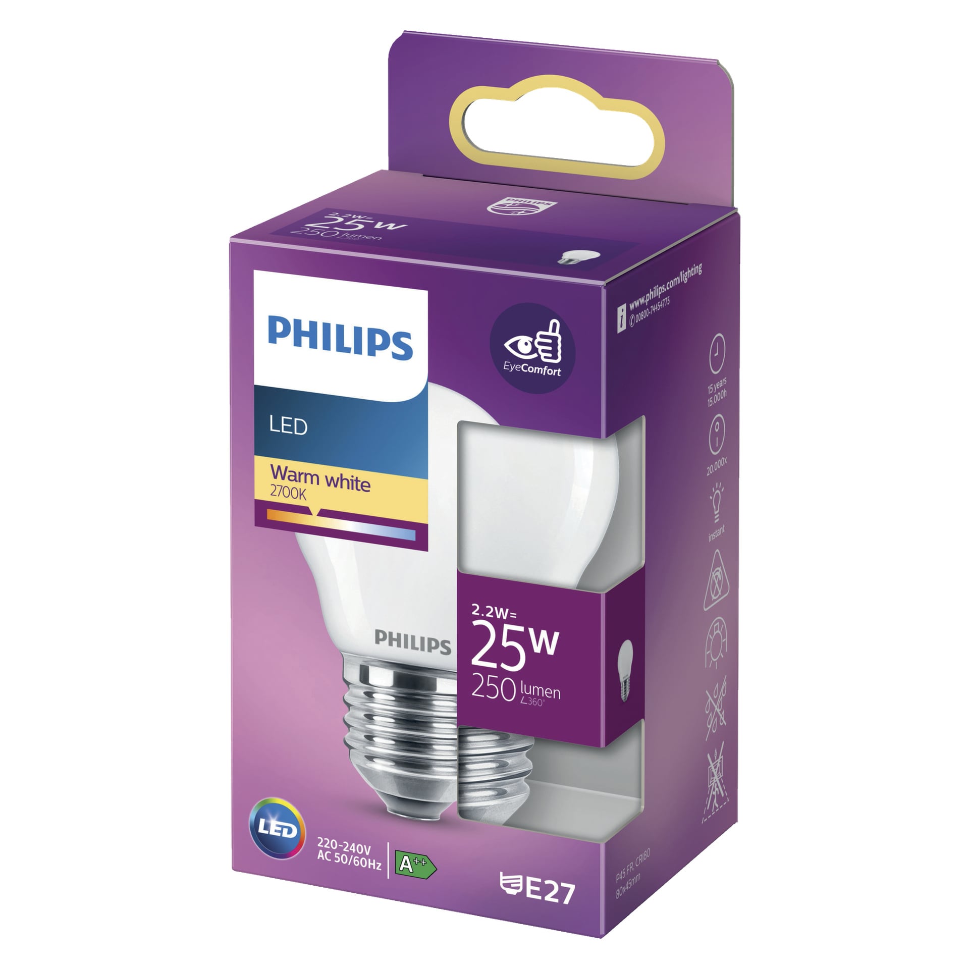 Philips LED-Kugellampenbox zeigt 25W Äquivalent an (tatsächliche Nutzung 2,2W), 250 Lumen, warmes weißes Licht bei 2700K und E27-Basis. Die lila Verpackung zeigt Produktspezifikationen und ein Bild der Glühbirne.
